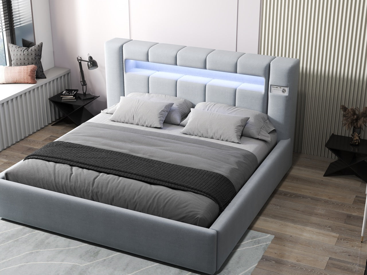 Pat dormitor dumonde, tapitat gri, Glow 180x200 cm, somiera rabatabila inclusa, spatiu depozitare