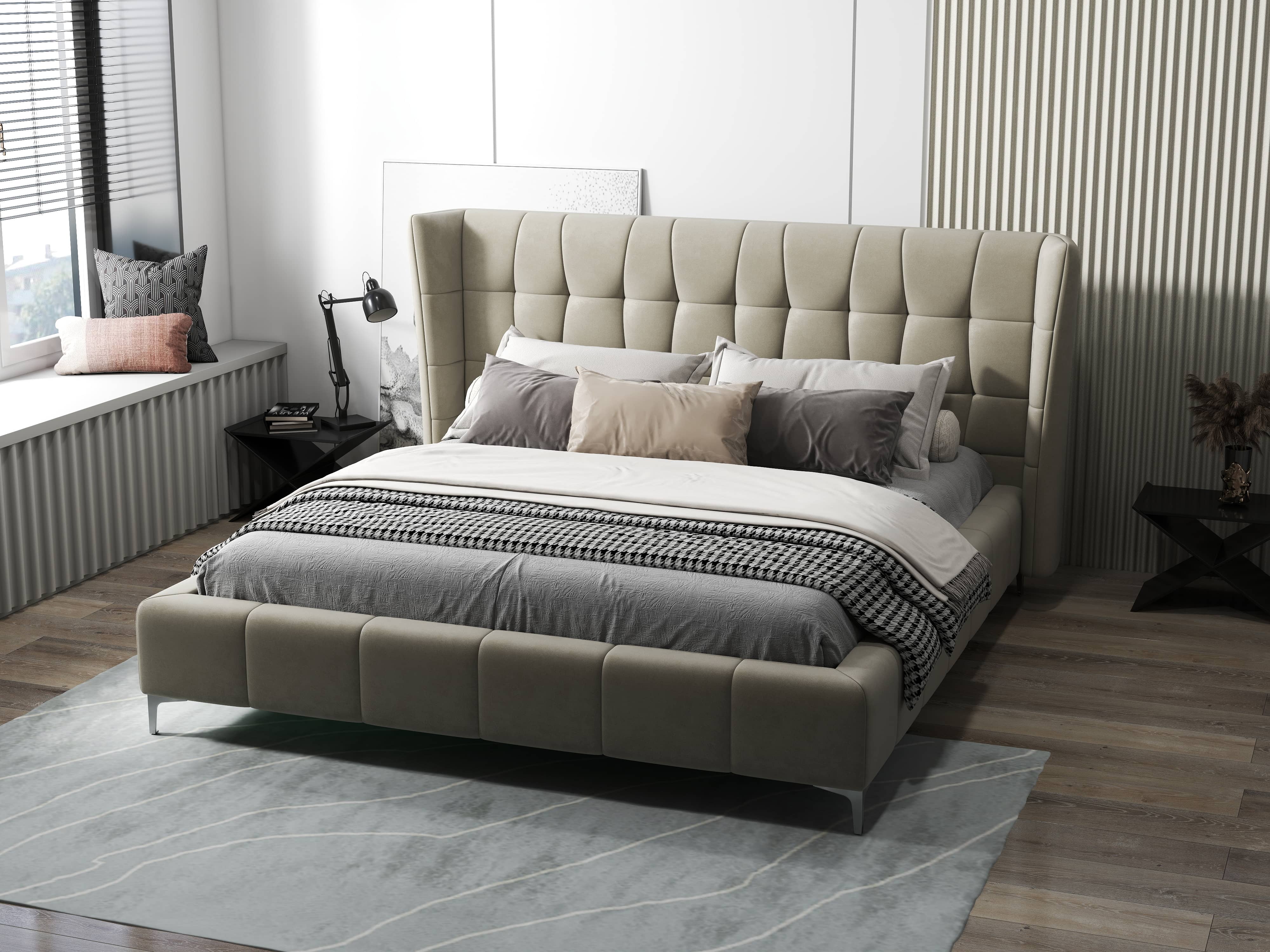 Pat dormitor dumonde, tapitat bej, Bellagio 180x200 cm, somiera fixa inclusa WLS