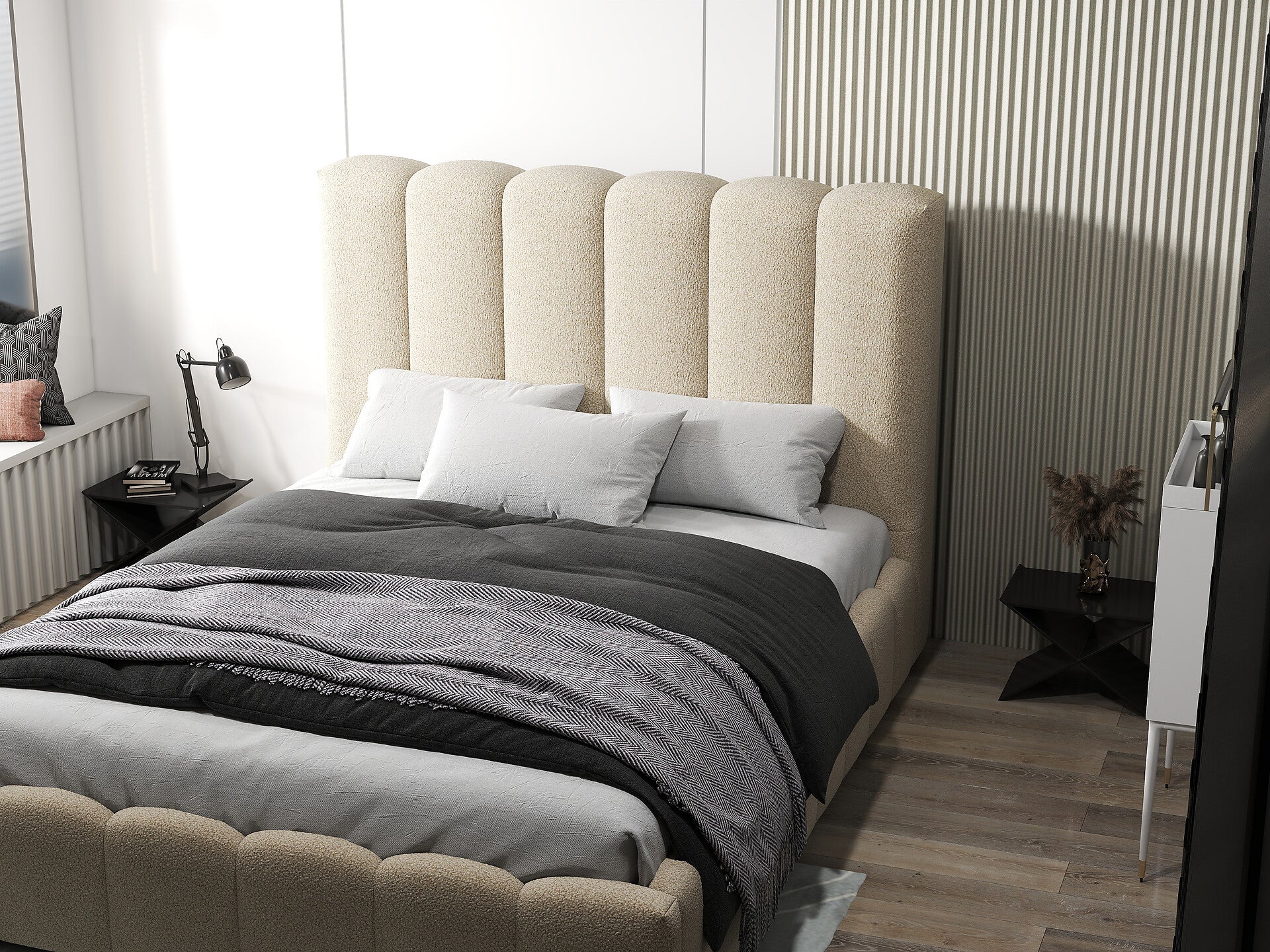 Pat dormitor dumonde, tapitat bej, Milano 160x200 cm, somiera rabatabila inclusa, spatiu depozitare