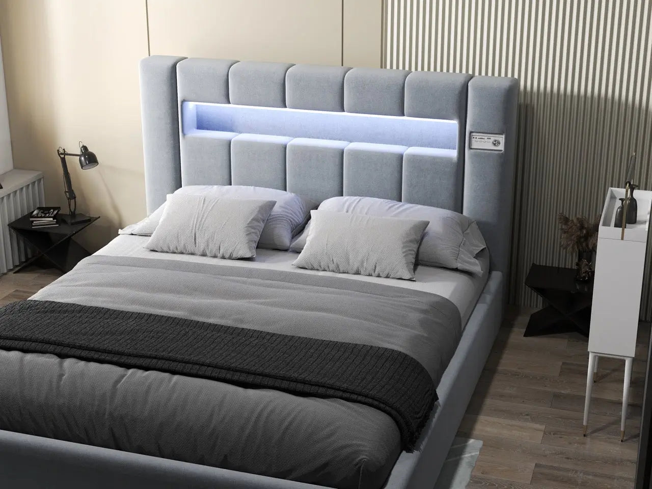 Pat dormitor dumonde, tapitat gri, Glow 180x200 cm, somiera rabatabila inclusa, spatiu depozitare WLS