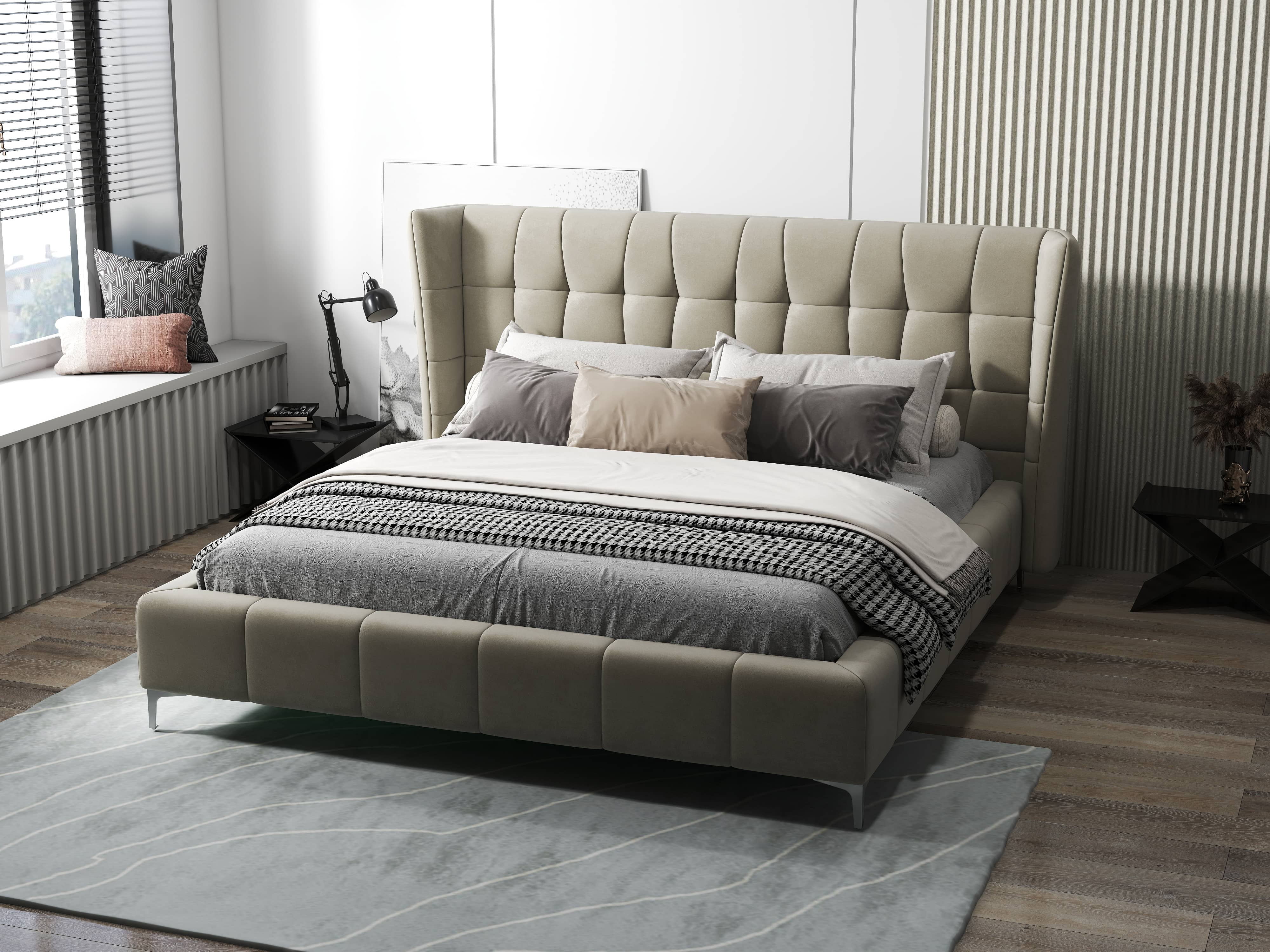 Pat dormitor dumonde, tapitat bej, Bellagio 160x200 cm, somiera fixa inclusa WLS