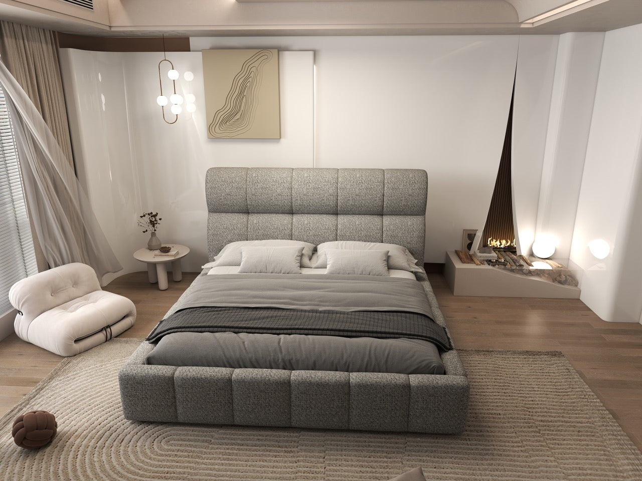 Pat dormitor dumonde, tapitat bej, Prestige 180x200 cm, somiera rabatabila inclusa, spatiu depozitare