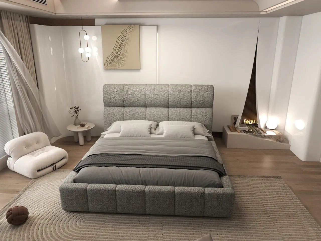 Pat dormitor dumonde, tapitat bej, Prestige 180x200 cm, somiera rabatabila inclusa, spatiu depozitare WLS