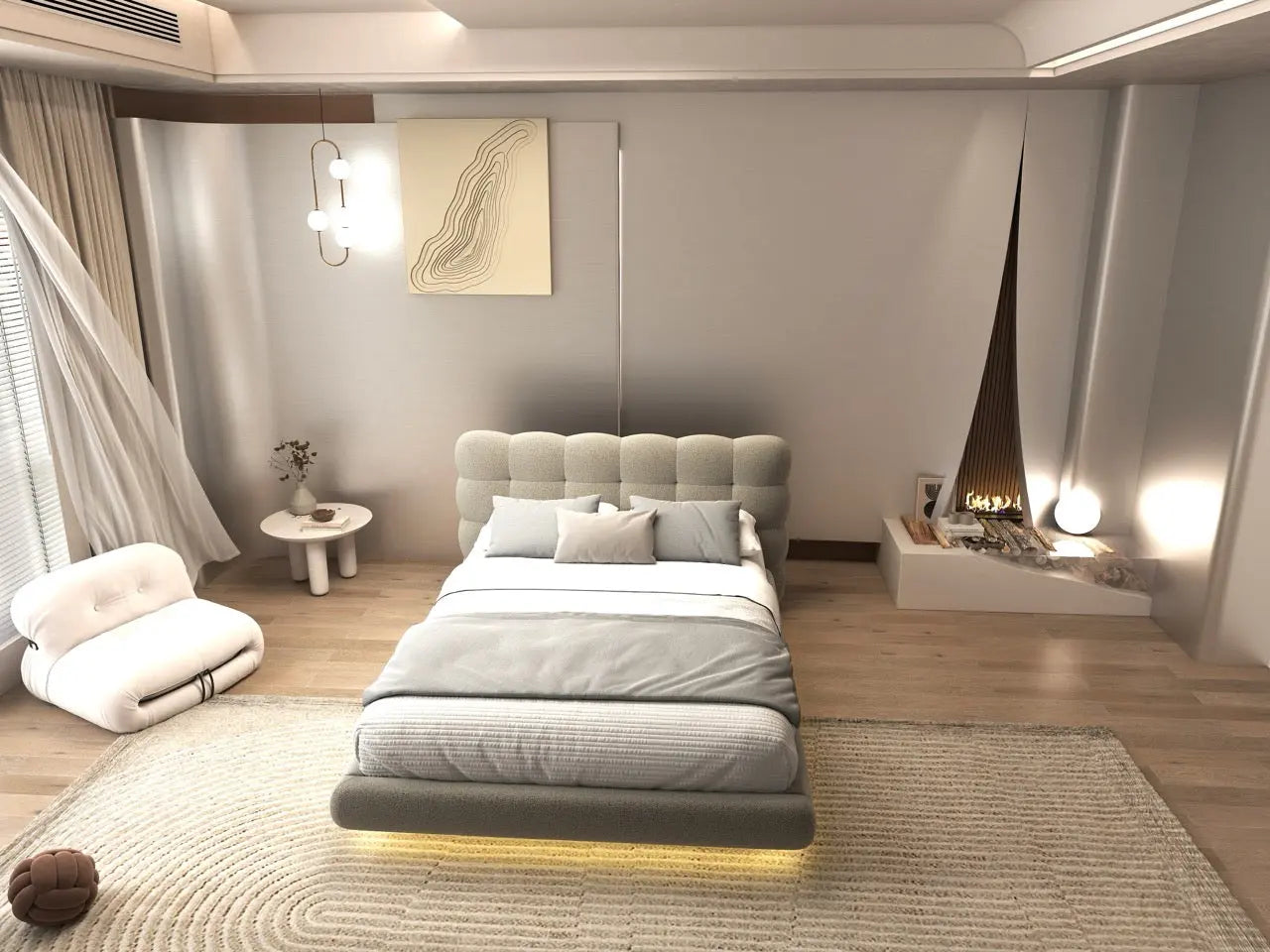 Pat dormitor dumonde, tapitat bej cu LED, "floating bed" Cloud 160x200 cm, somiera inclusa WLS