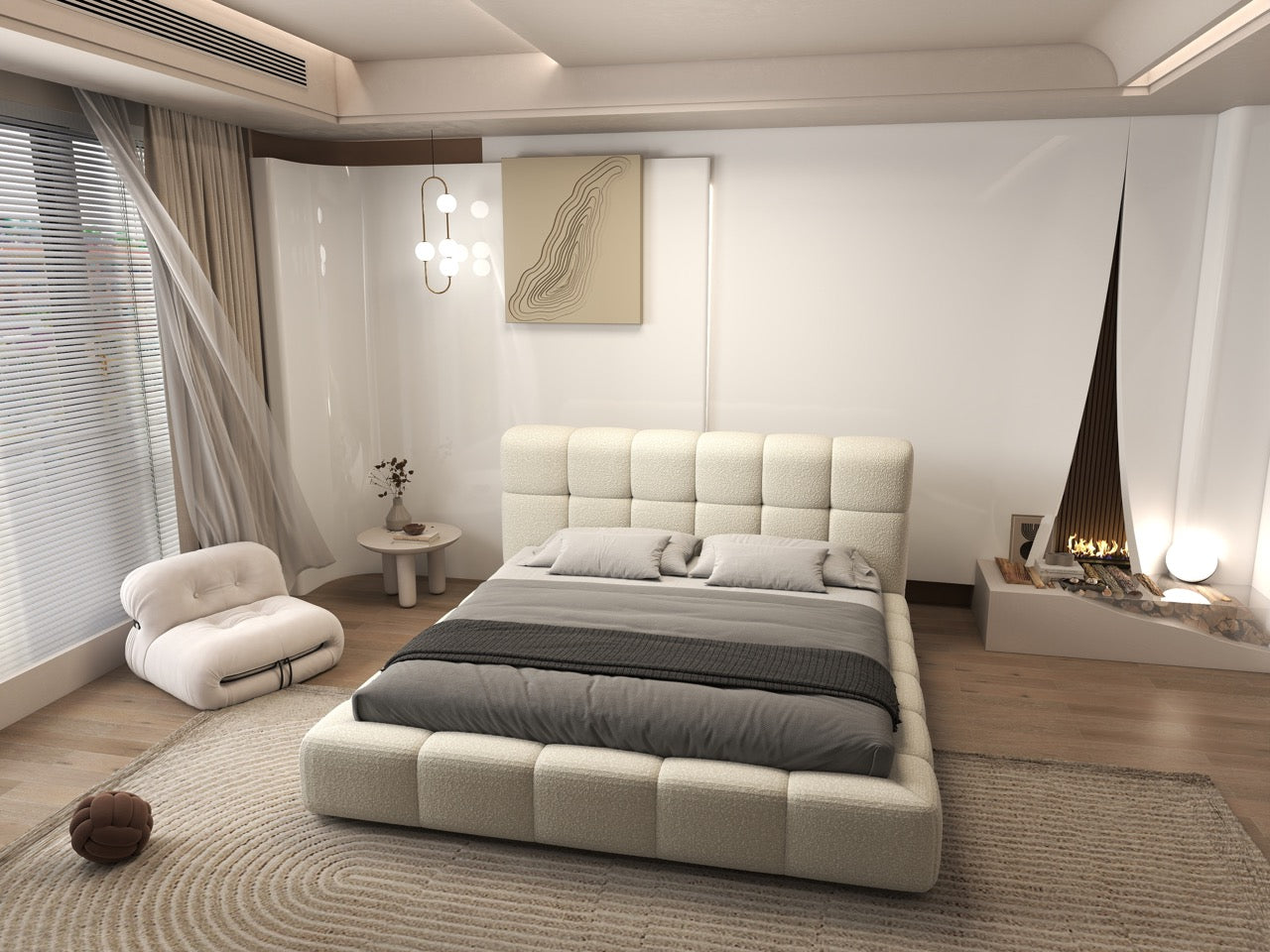 Pat dormitor dumonde, tapitat bej, Lorenzo 180x200 cm, somiera rabatabila inclusa, spatiu depozitare WLS