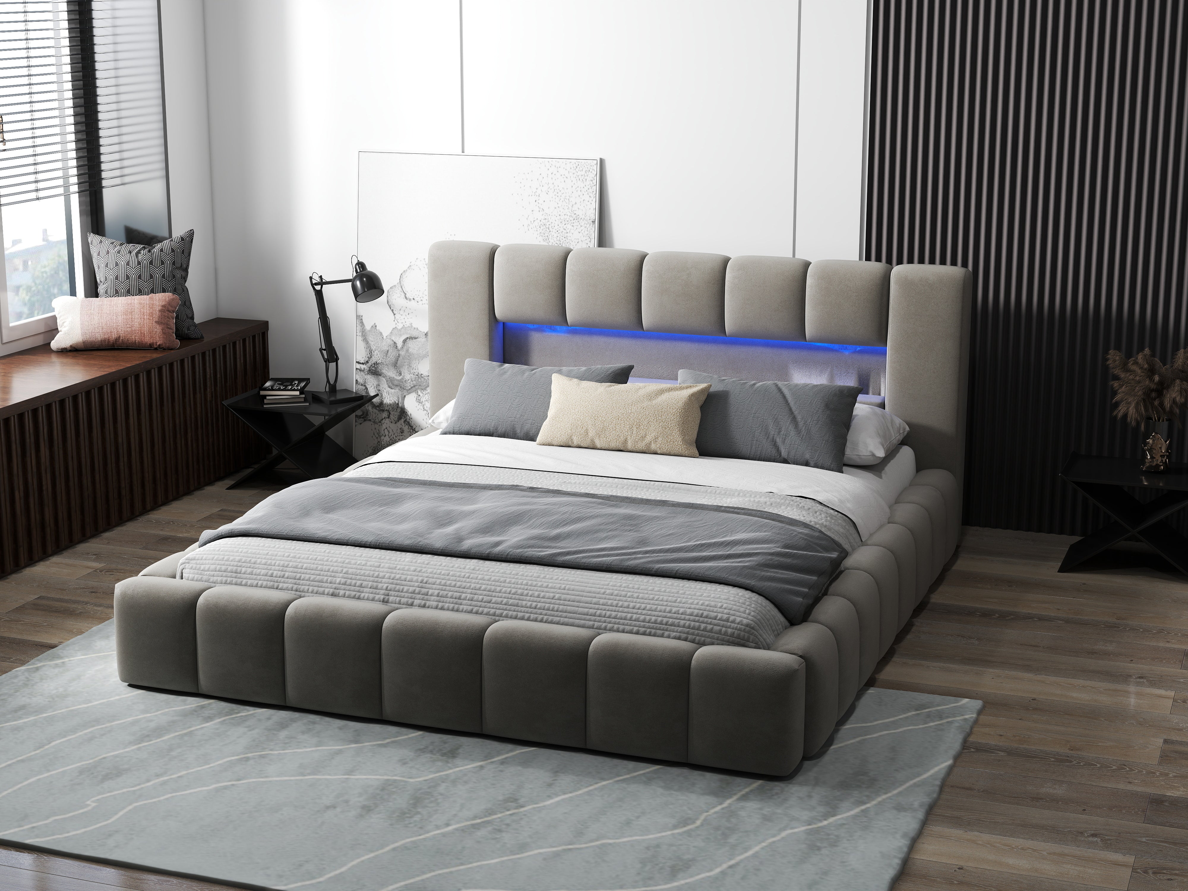 Pat dormitor dumonde, tapitat bej cu LED si USB, Palermo 140x200 cm, somiera rabatabila inclusa, spatiu depozitare WLS