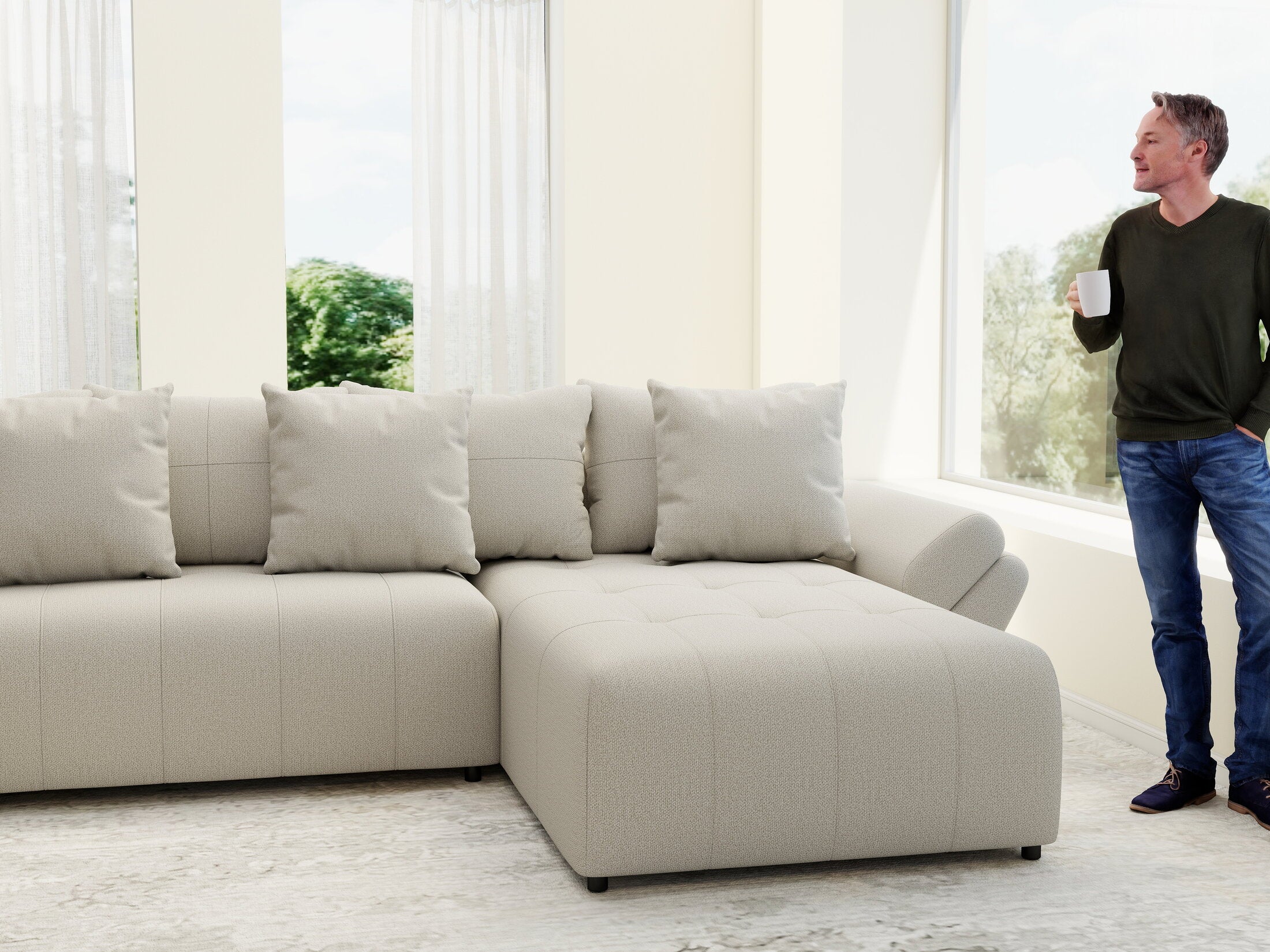 Colțar extensibil dumonde cu ladă de depozitare si sezut confortabil din spuma HR, Berlin U Enjoy Bej 380x180 cm