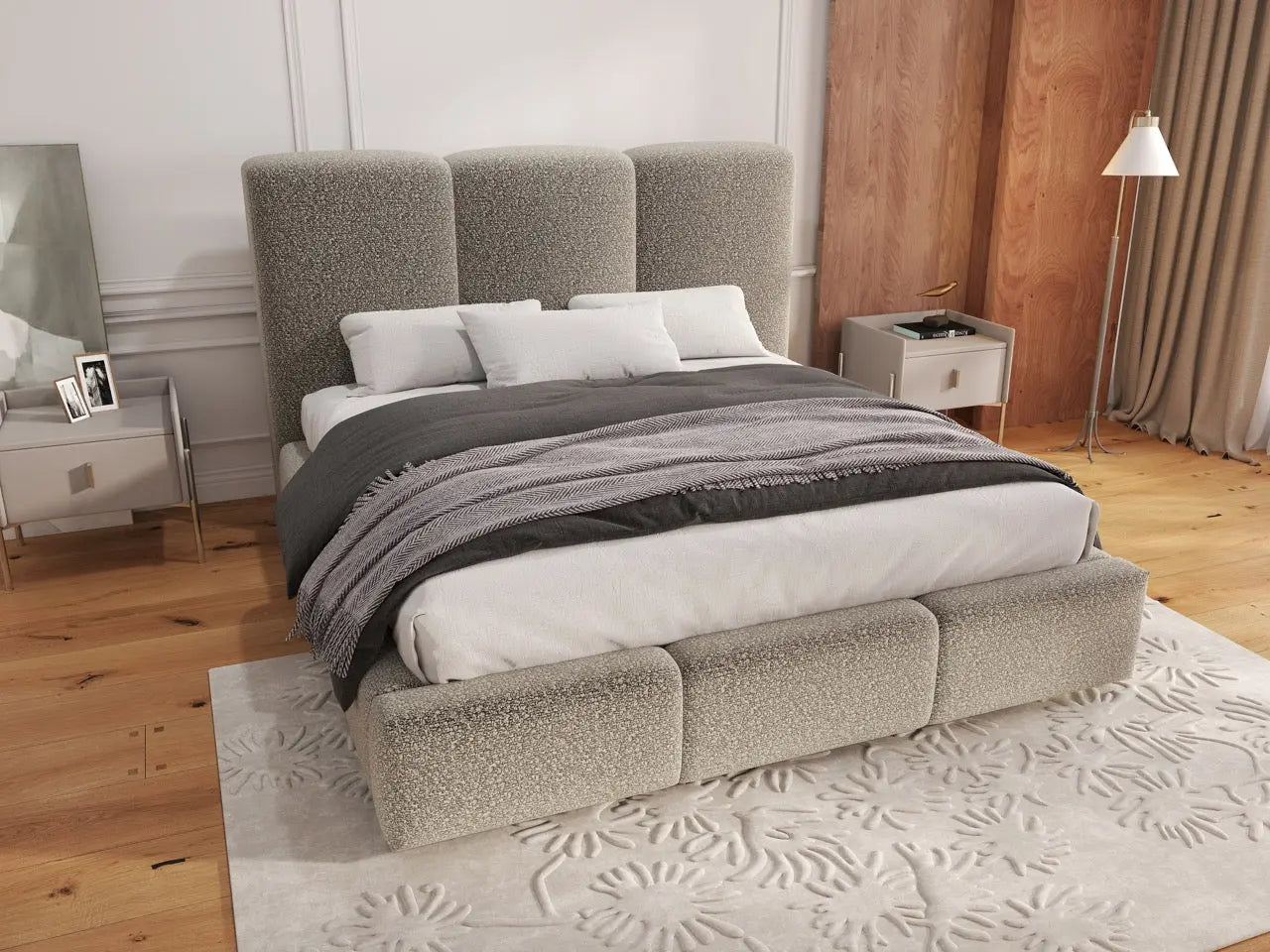 Pat dormitor dumonde, tapitat bej, Dinasty 180x200 cm, somiera rabatabila inclusa, spatiu depozitare WLS