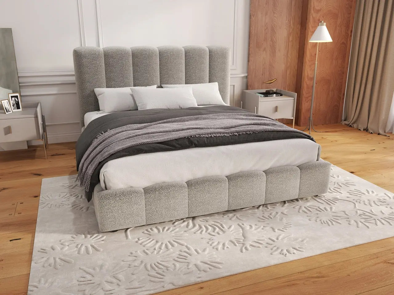 Pat dormitor dumonde, tapitat gri, Milano 140x200 cm, somiera rabatabila inclusa, spatiu depozitare WLS