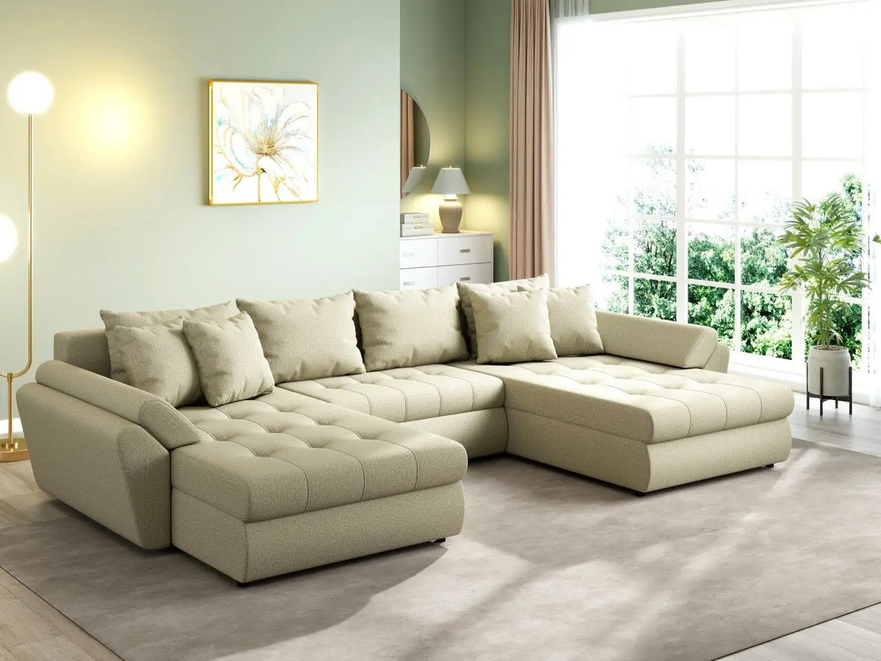 Colțar extensibil dumonde cu ladă de depozitare si sezut confortabil din spuma HR, Loana U Enjoy Camel 355x185 cm Fabrica