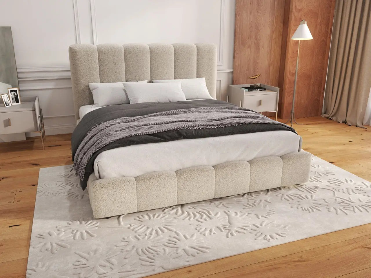 Pat dormitor dumonde, tapitat bej, Milano 180x200 cm, somiera rabatabila inclusa, spatiu depozitare WLS