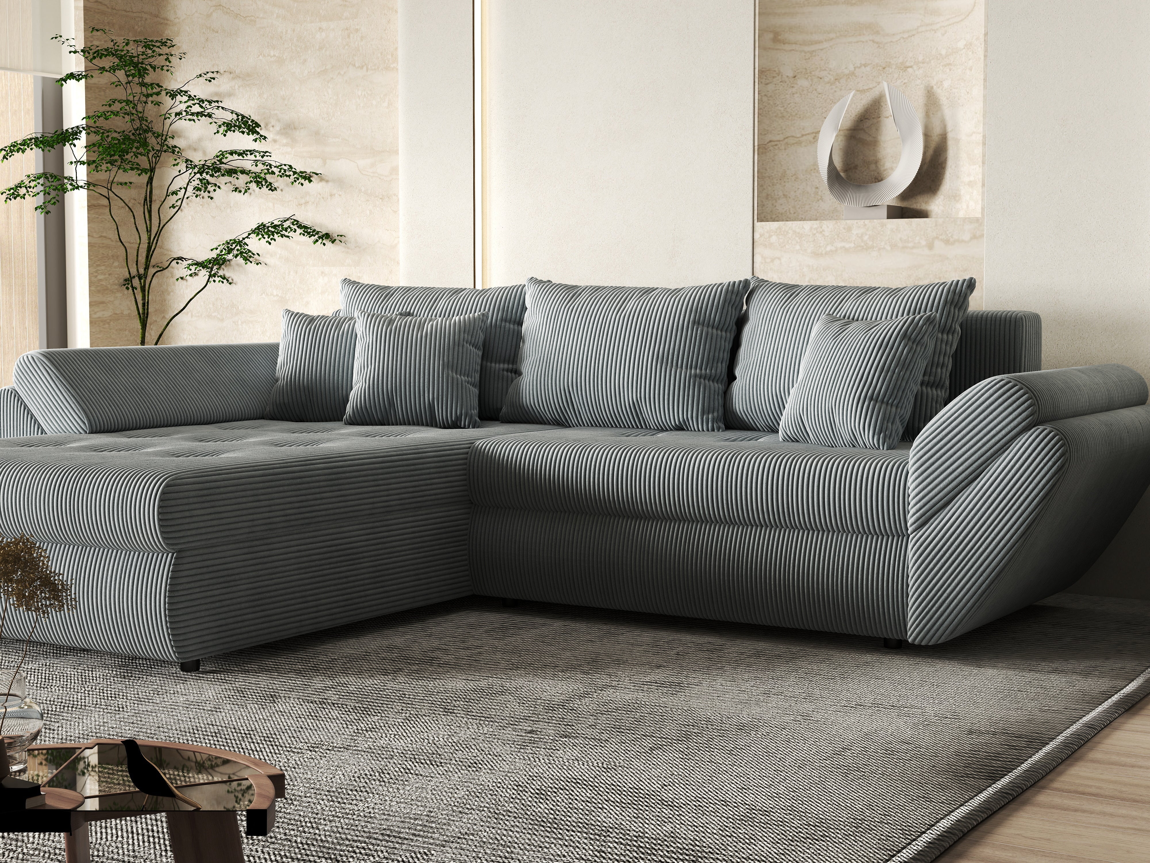 Colțar extensibil dumonde cu ladă de depozitare si sezut confortabil din spuma HR, Loana Zoom Grey 270x185 cm Fabrica