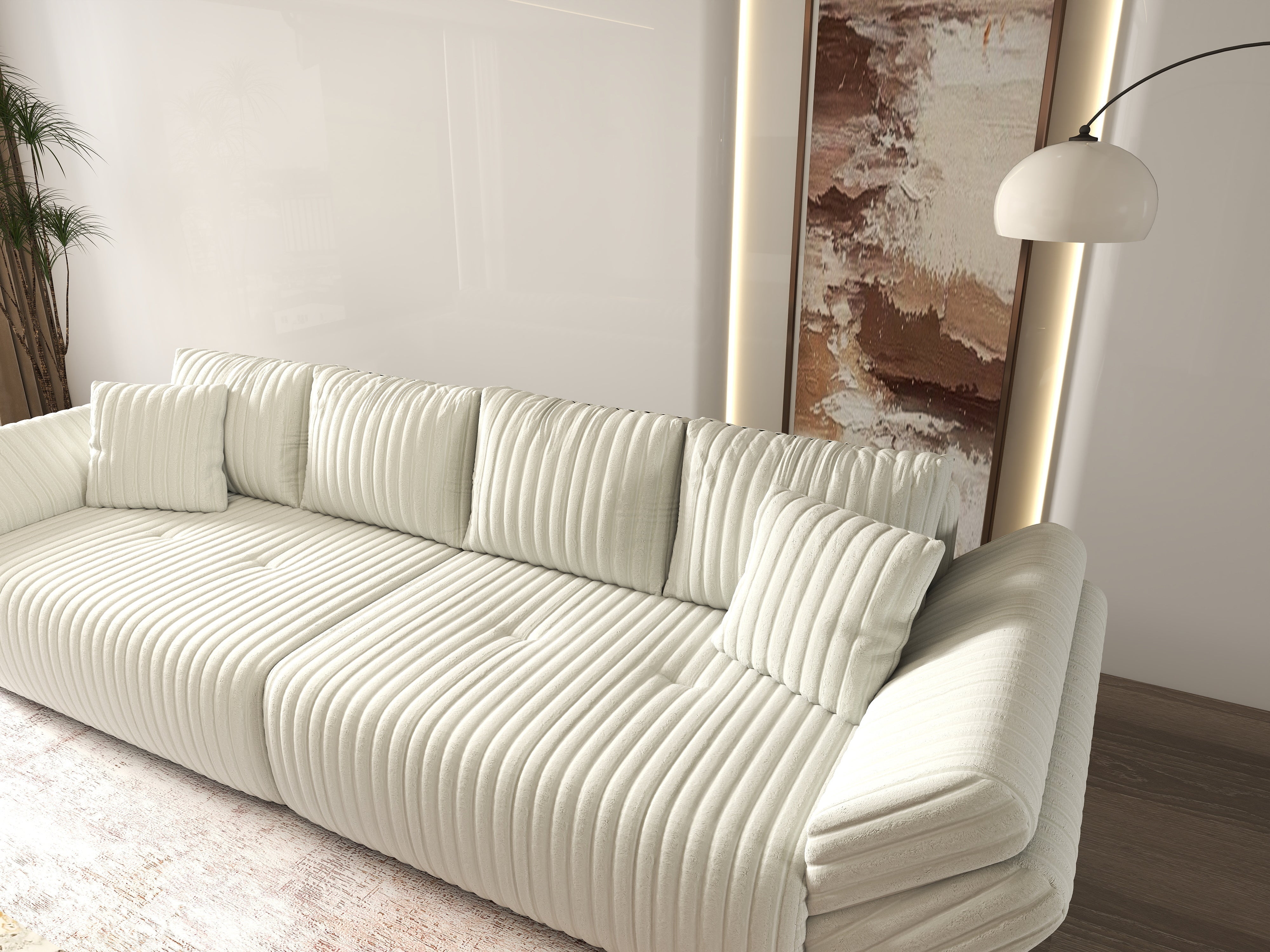 Canapea extensibilă dumonde cu ladă de depozitare si sezut confortabil din spuma HR, Berlin Ambience Ivory 300x100 cm Fabrica