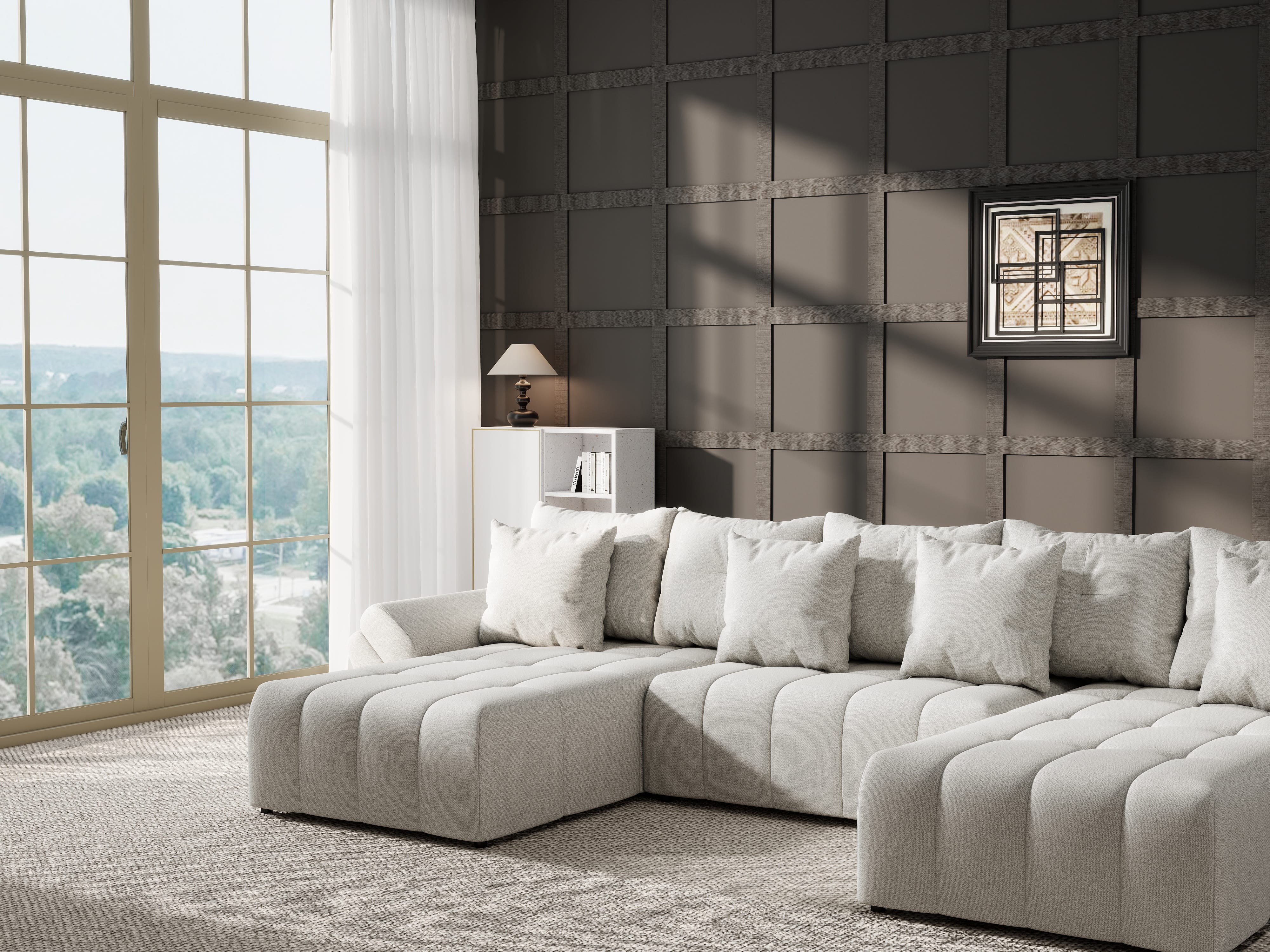 Colțar extensibil dumonde cu ladă de depozitare si sezut confortabil din spuma HR, Berlin U Enjoy Bej 380x180 cm Fabrica