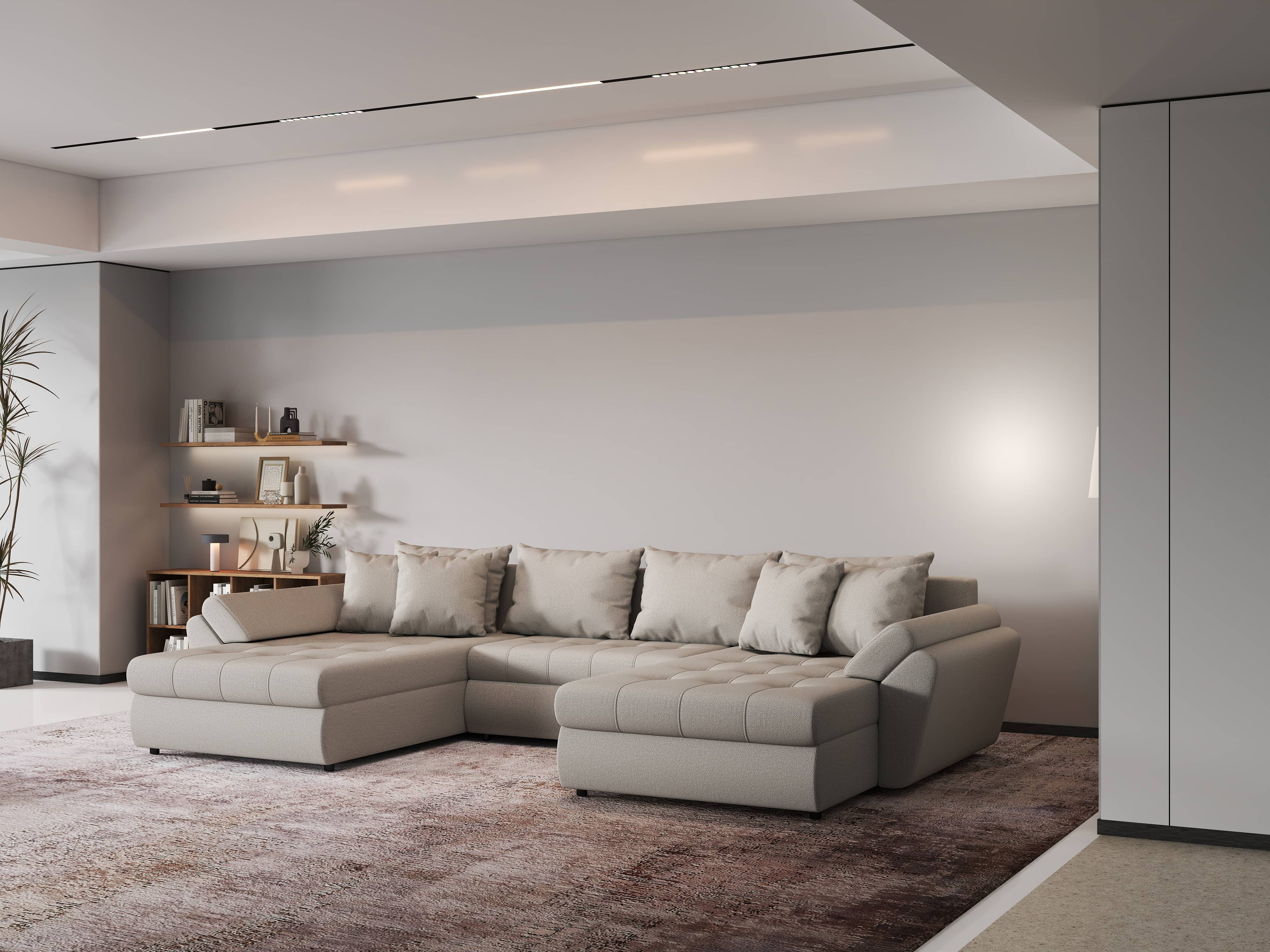 Colțar extensibil dumonde cu ladă de depozitare si sezut confortabil din spuma HR, Loana Bej U 355x185 cm Fabrica