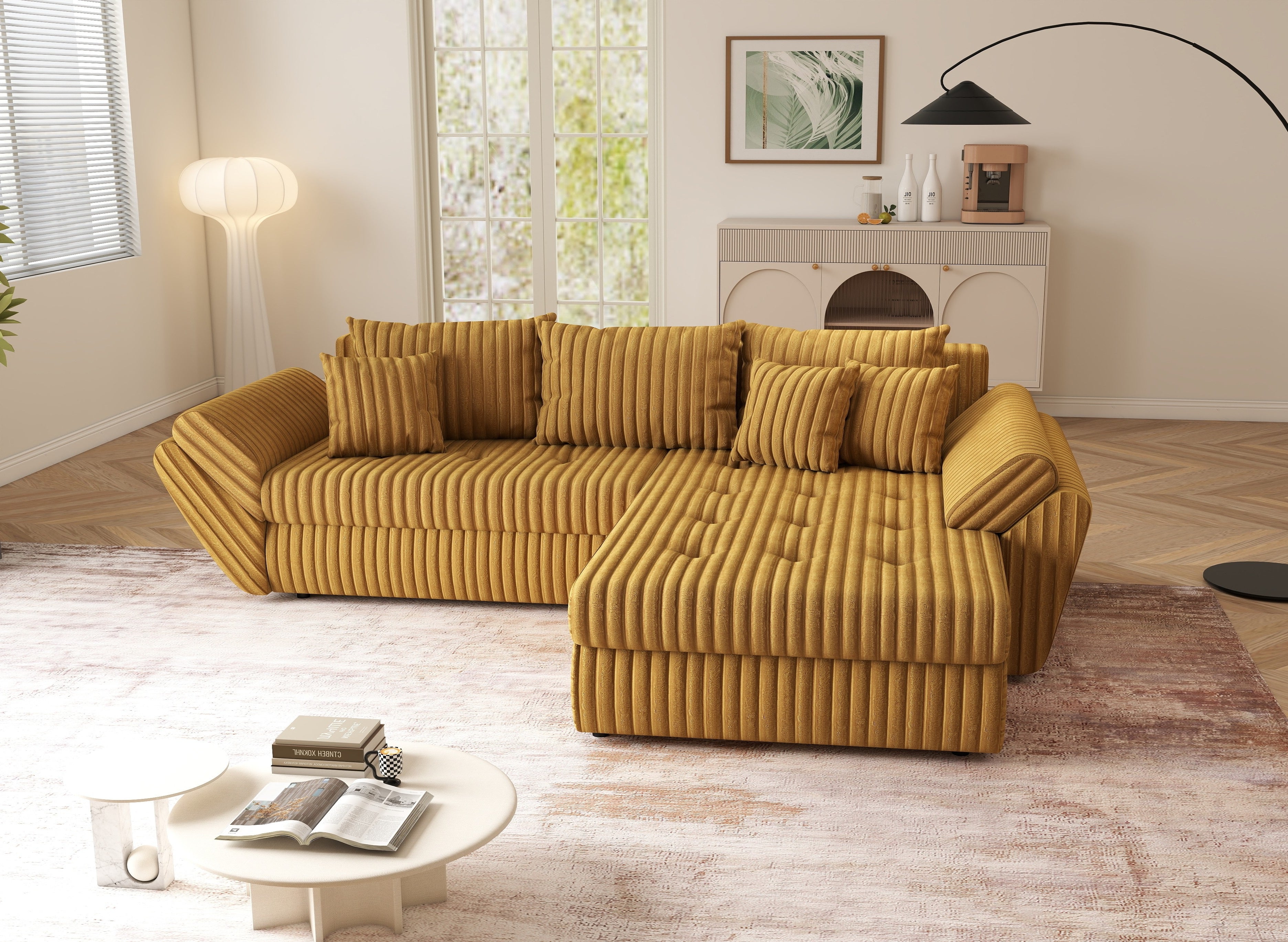 Colțar extensibil dumonde cu ladă de depozitare si sezut confortabil din spuma HR, Loana Ambience Mustar II 270x185 cm Fabrica