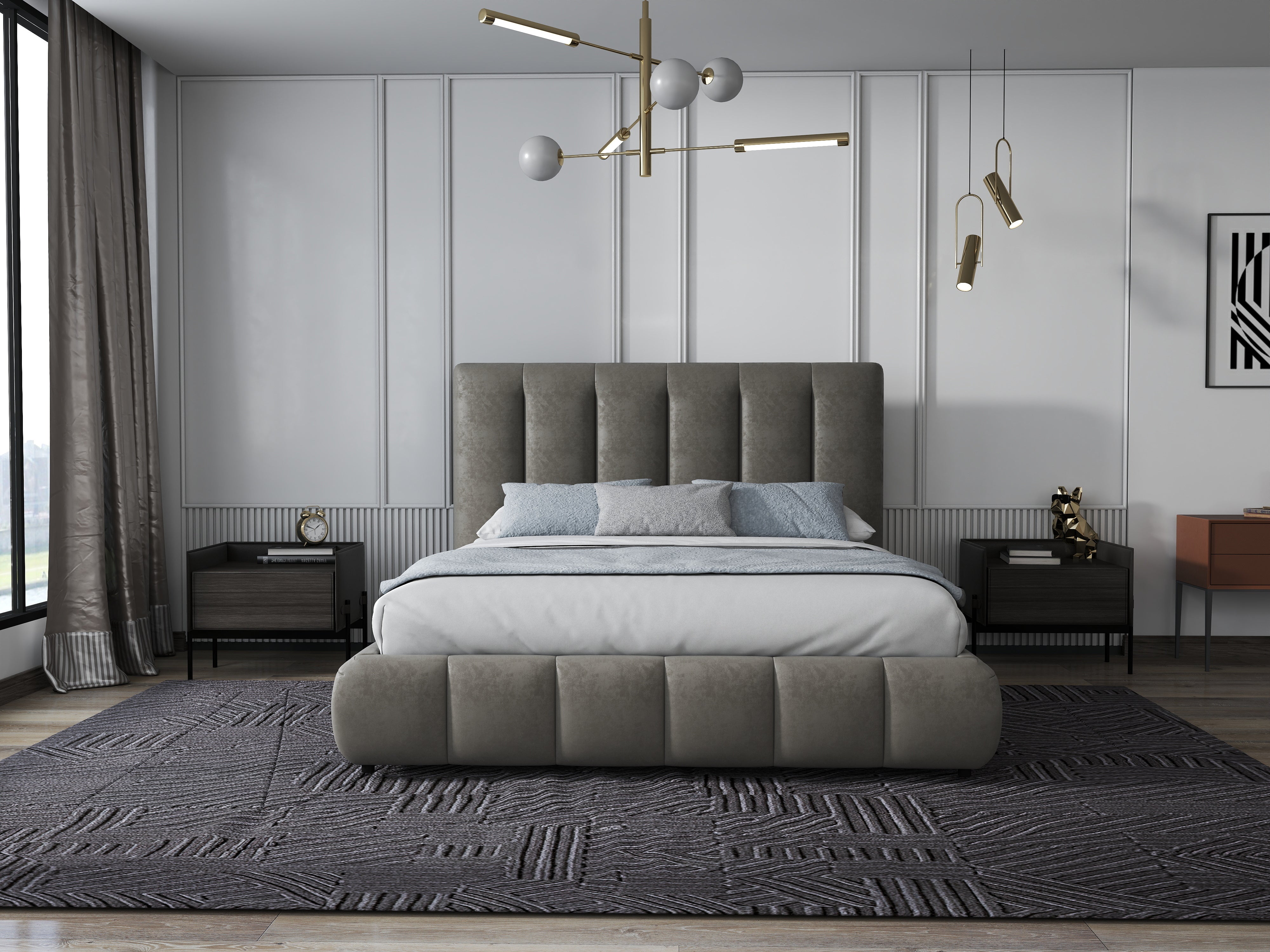 Pat dormitor dumonde, tapitat bej, Divaneo 160x200 cm, somiera rabatabila inclusa, spatiu depozitare WLS