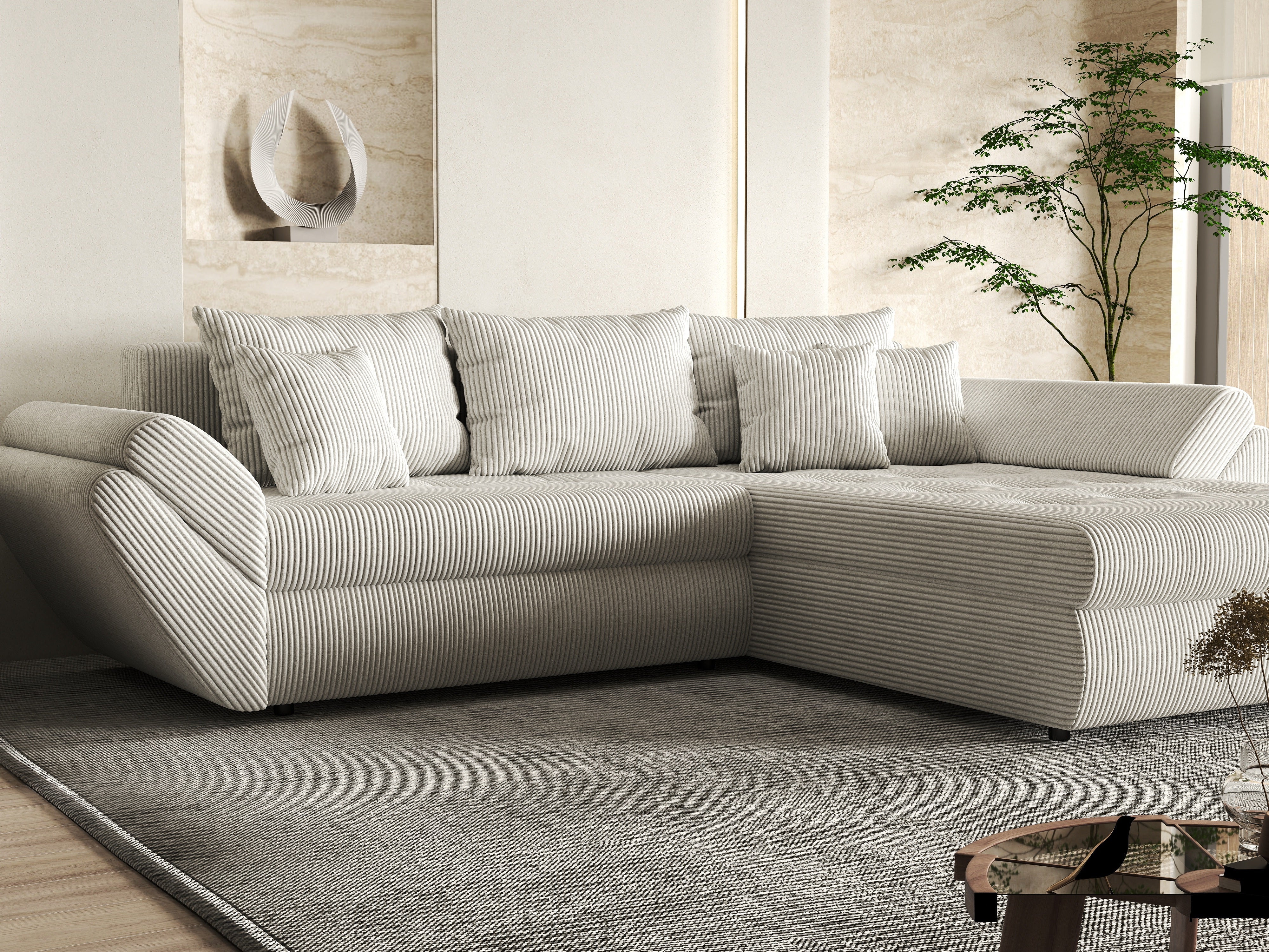 Colțar extensibil dumonde cu ladă de depozitare si sezut confortabil din spuma HR, Loana Zoom Crem II 270x185 cm Fabrica