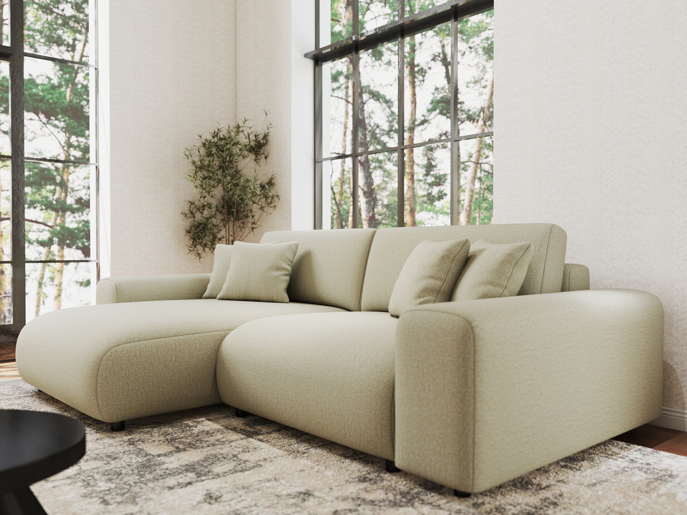 Colțar extensibil dumonde cu ladă de depozitare si sezut confortabil din spuma HR, Sarina Enjoy Bej 255x168 cm