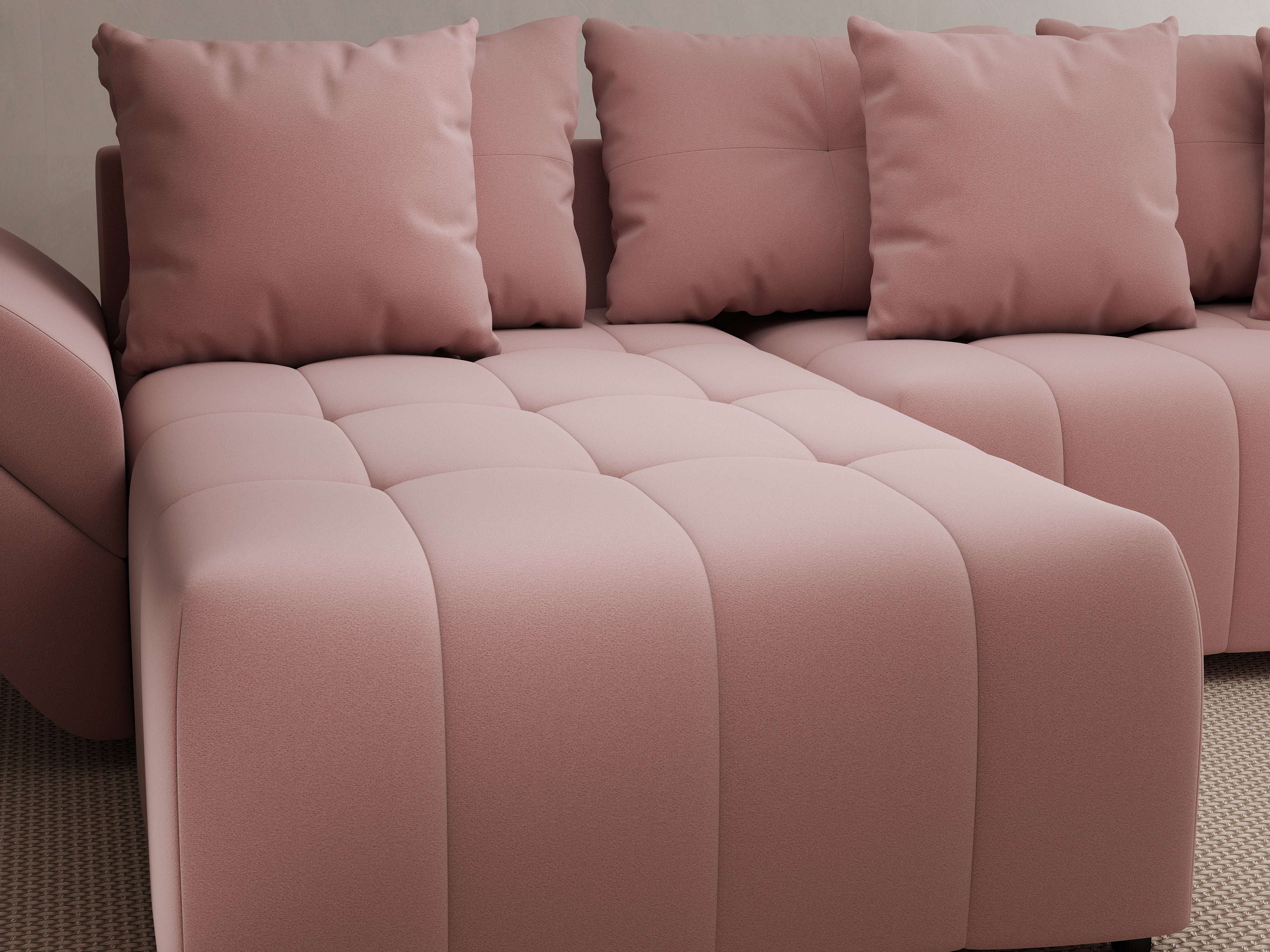 Colțar extensibil dumonde cu ladă de depozitare si sezut confortabil din spuma HR, Berlin Royal Roz 280x185 cm Fabrica