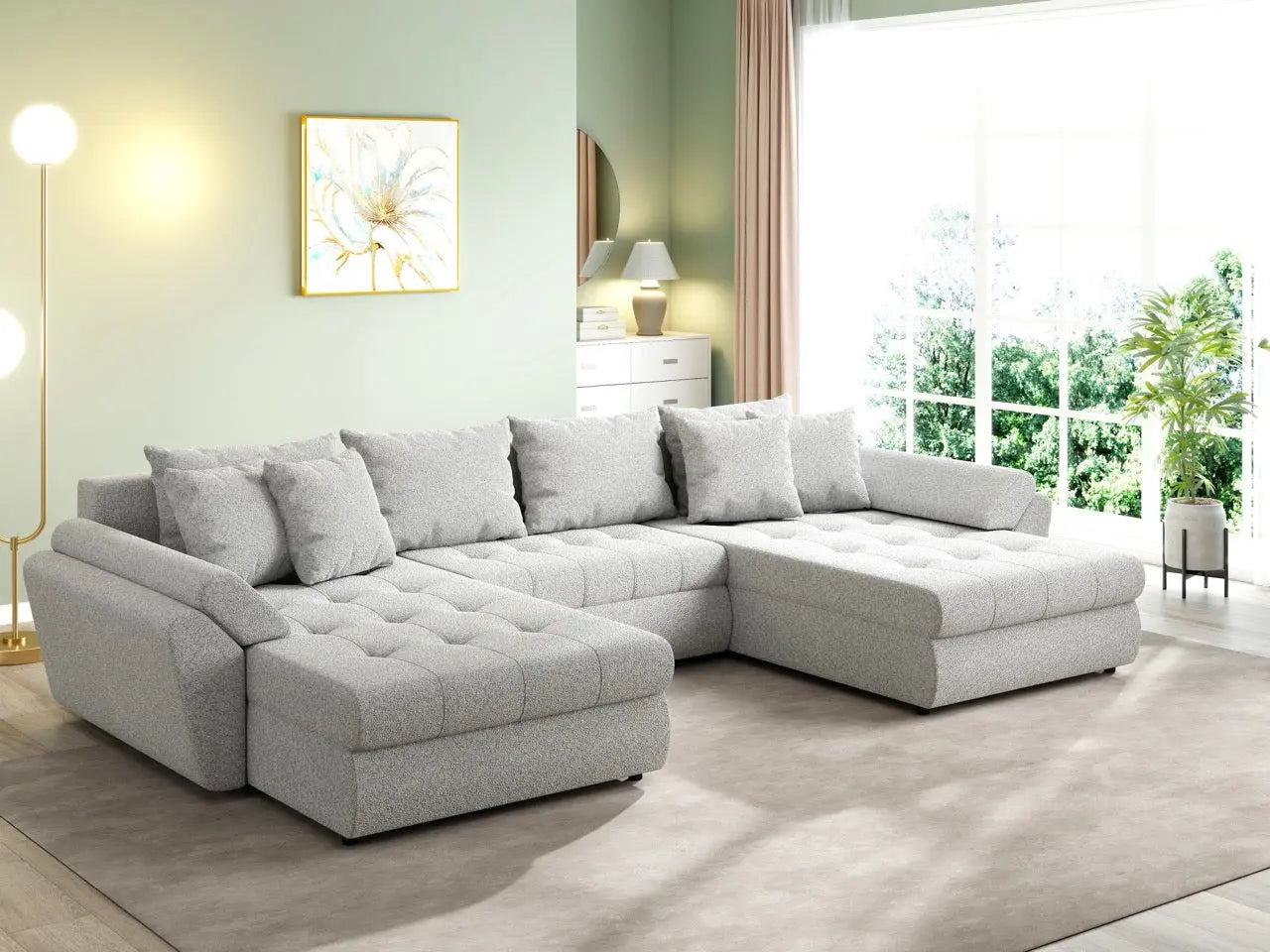 Colțar extensibil dumonde cu ladă de depozitare si sezut confortabil din spuma HR, Loana U Euphoria Dove 355x185 cm Fabrica