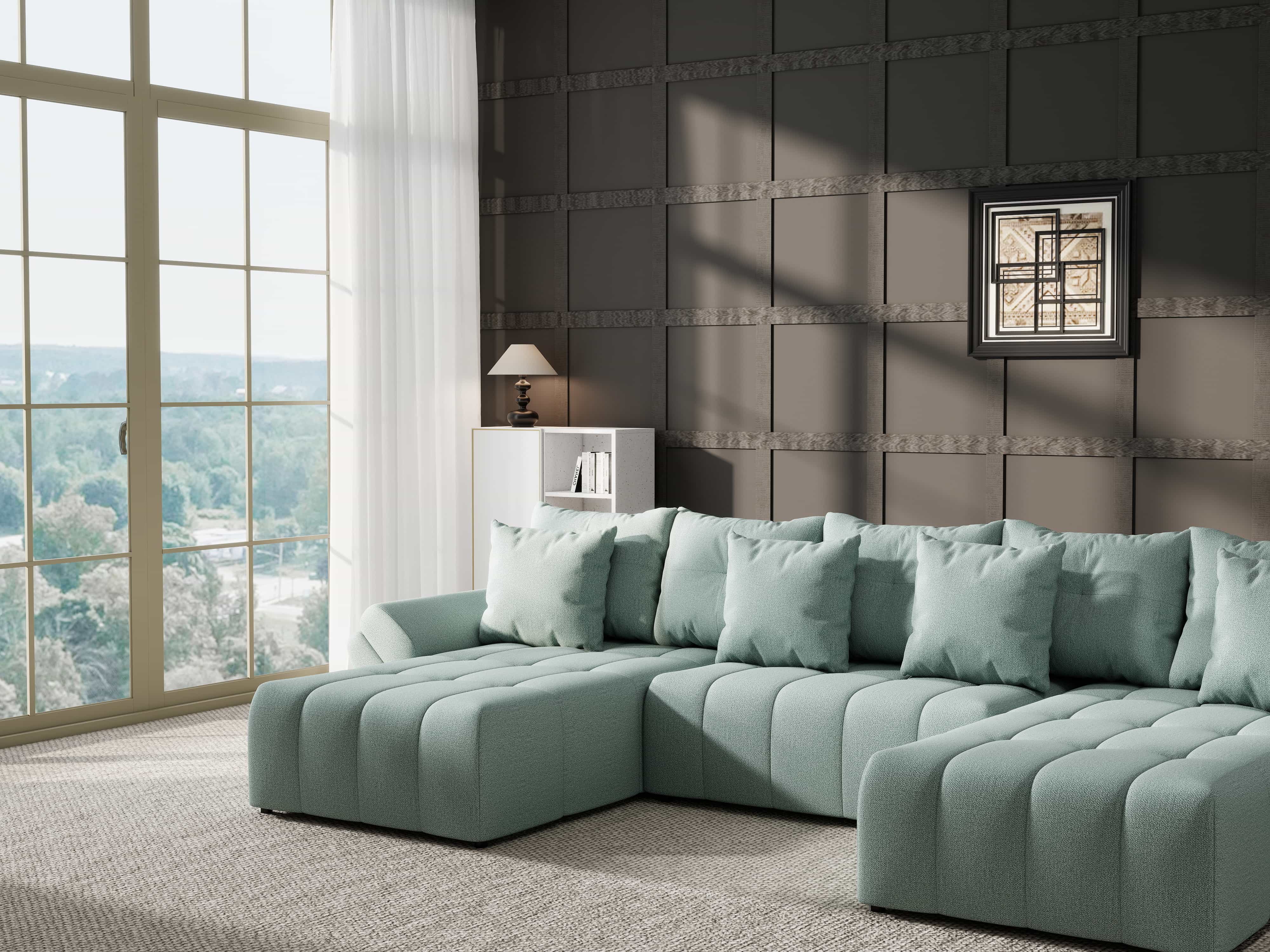 Colțar extensibil dumonde cu ladă de depozitare si sezut confortabil din spuma HR, Berlin U Enjoy Mint 380x180 cm Fabrica