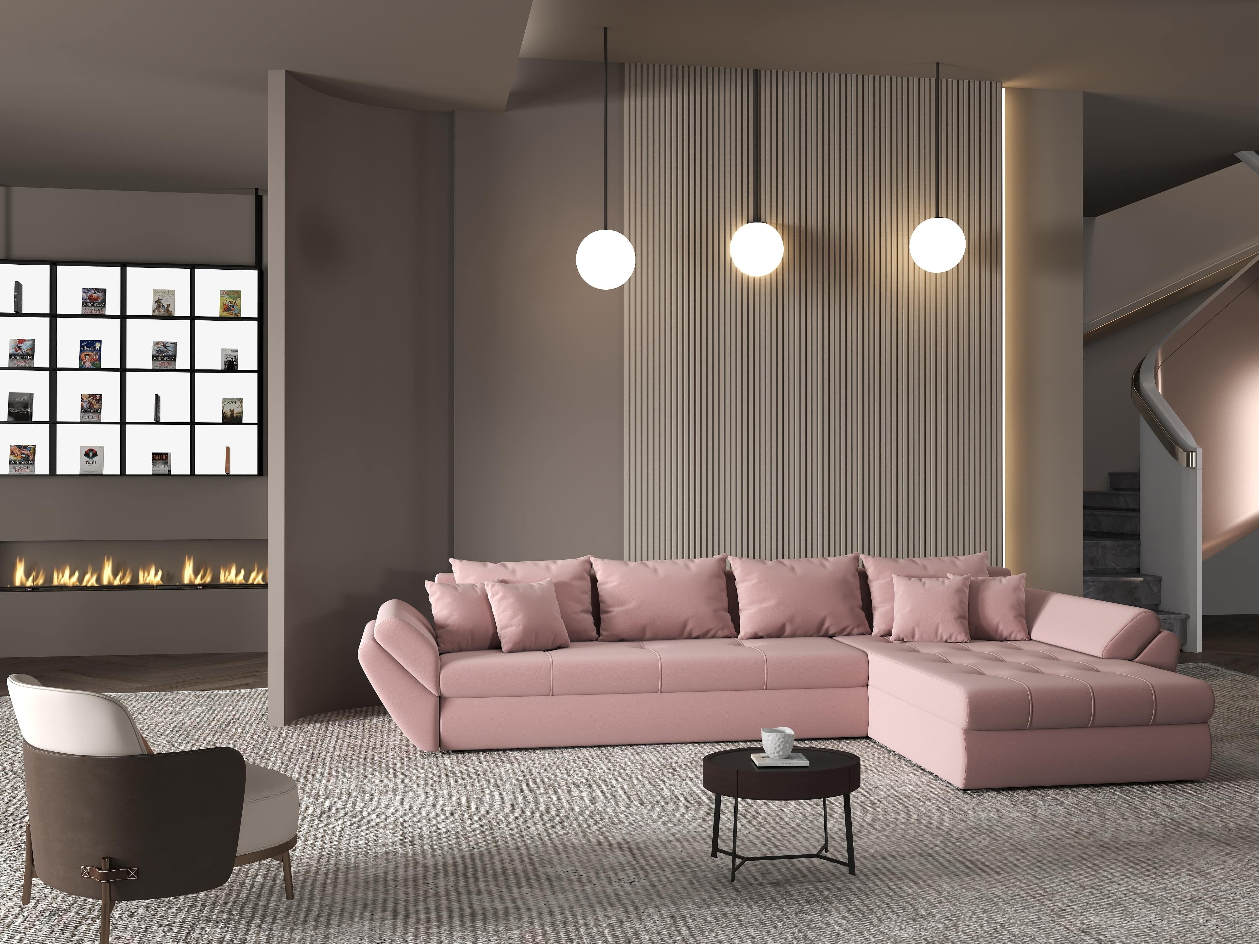 Colțar extensibil dumonde cu ladă de depozitare si sezut confortabil din spuma HR, Loana XL Royal Roz II 335x185 cm Fabrica