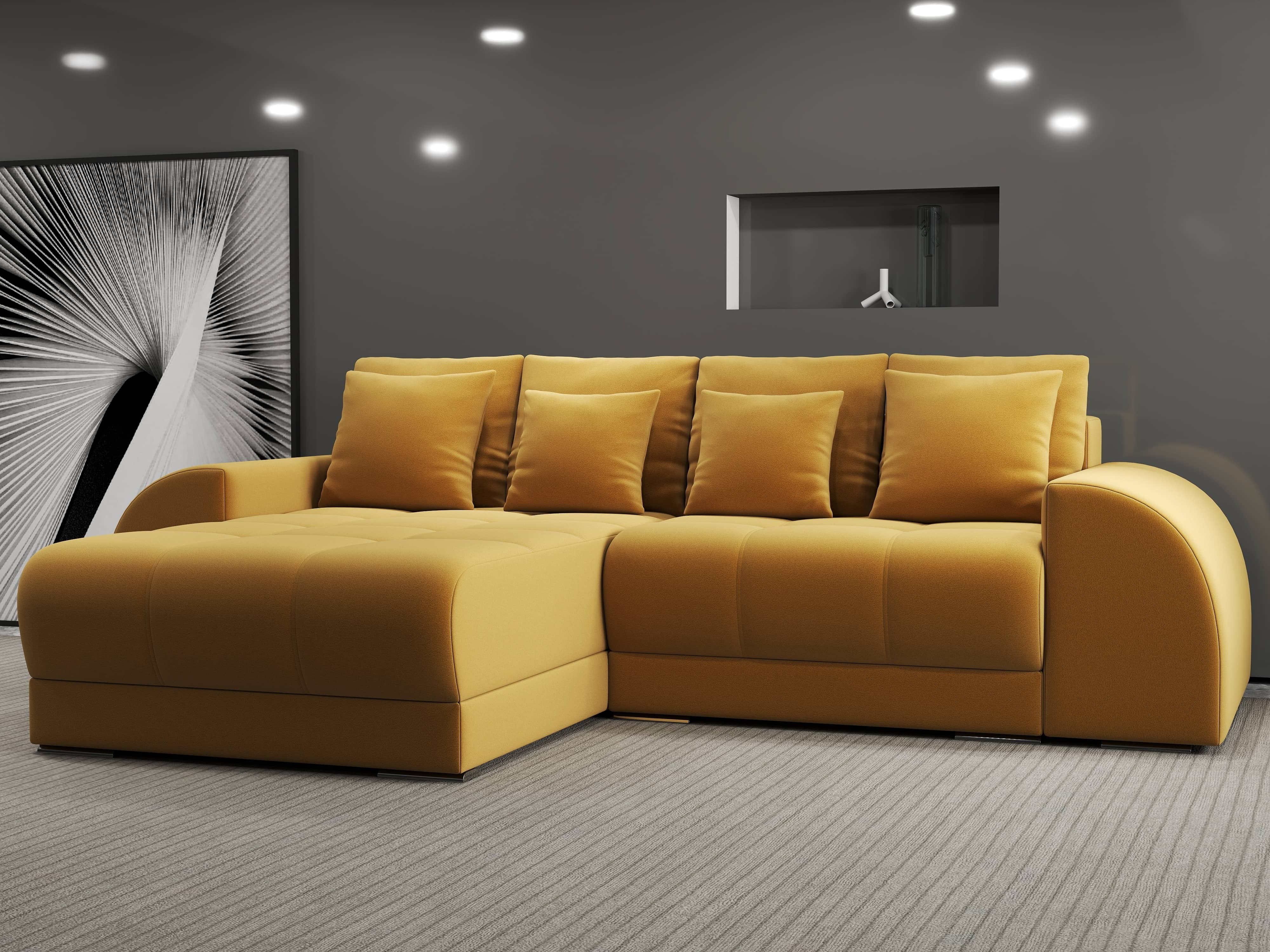 Colțar extensibil dumonde cu ladă de depozitare si sezut confortabil din spuma HR, Verona Royal Mustar 290x185 cm Fabrica