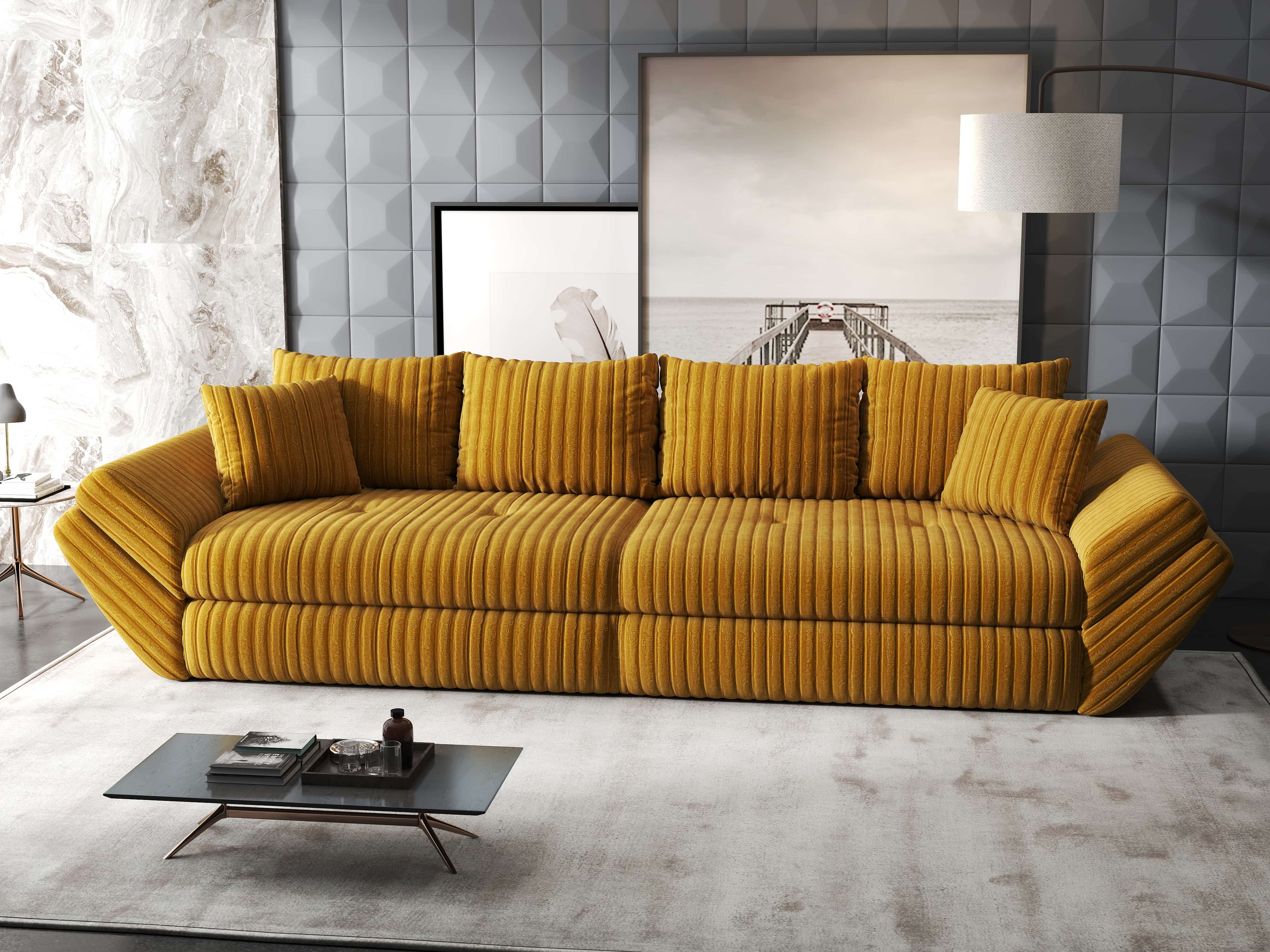 Canapea extensibilă dumonde cu ladă de depozitare si sezut confortabil din spuma HR, Loana Ambience Mustar 300x100 cm Fabrica