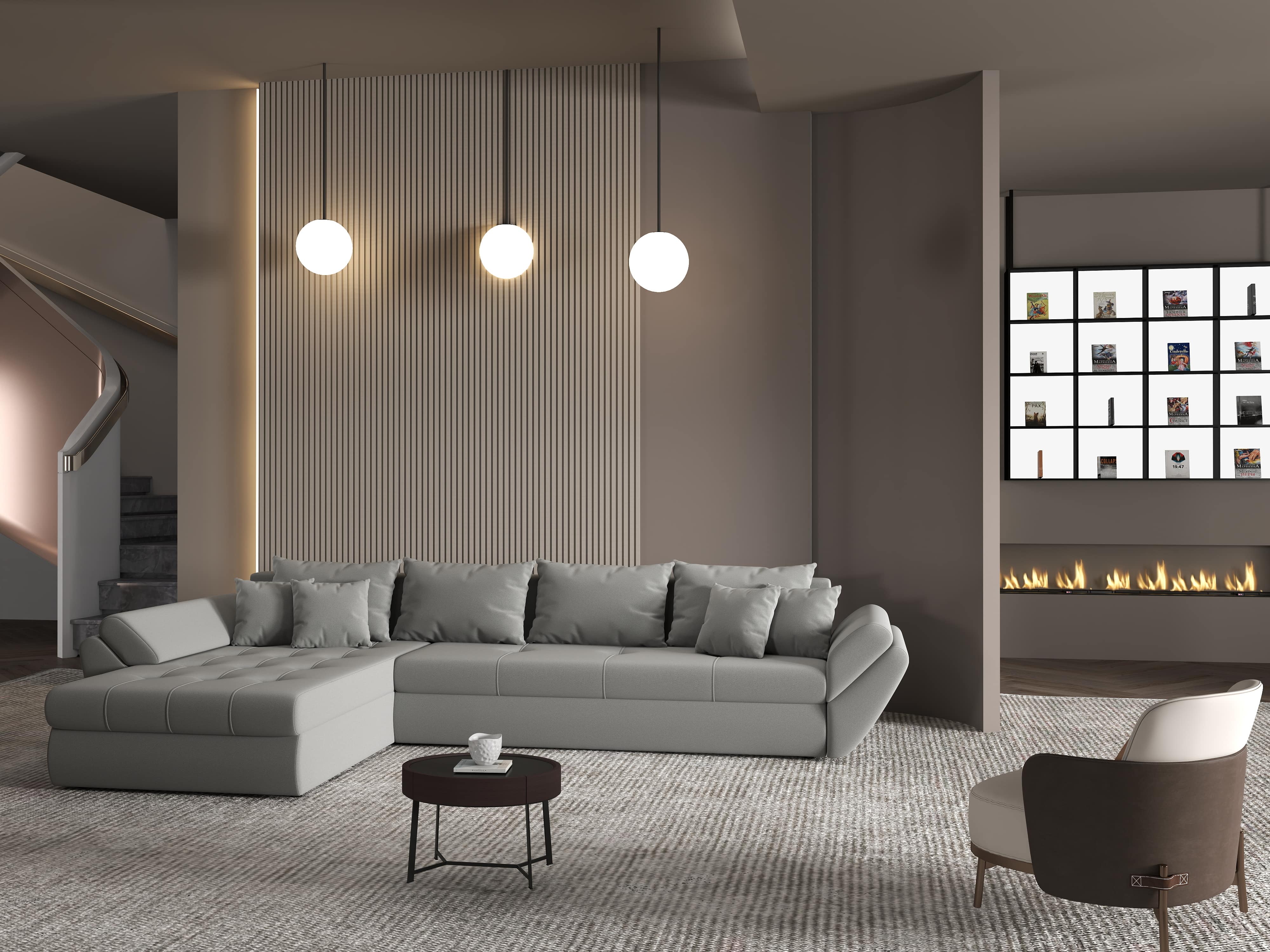 Colțar extensibil dumonde cu ladă de depozitare si sezut confortabil din spuma HR, Loana XL Royal Gri 335x185 cm Fabrica