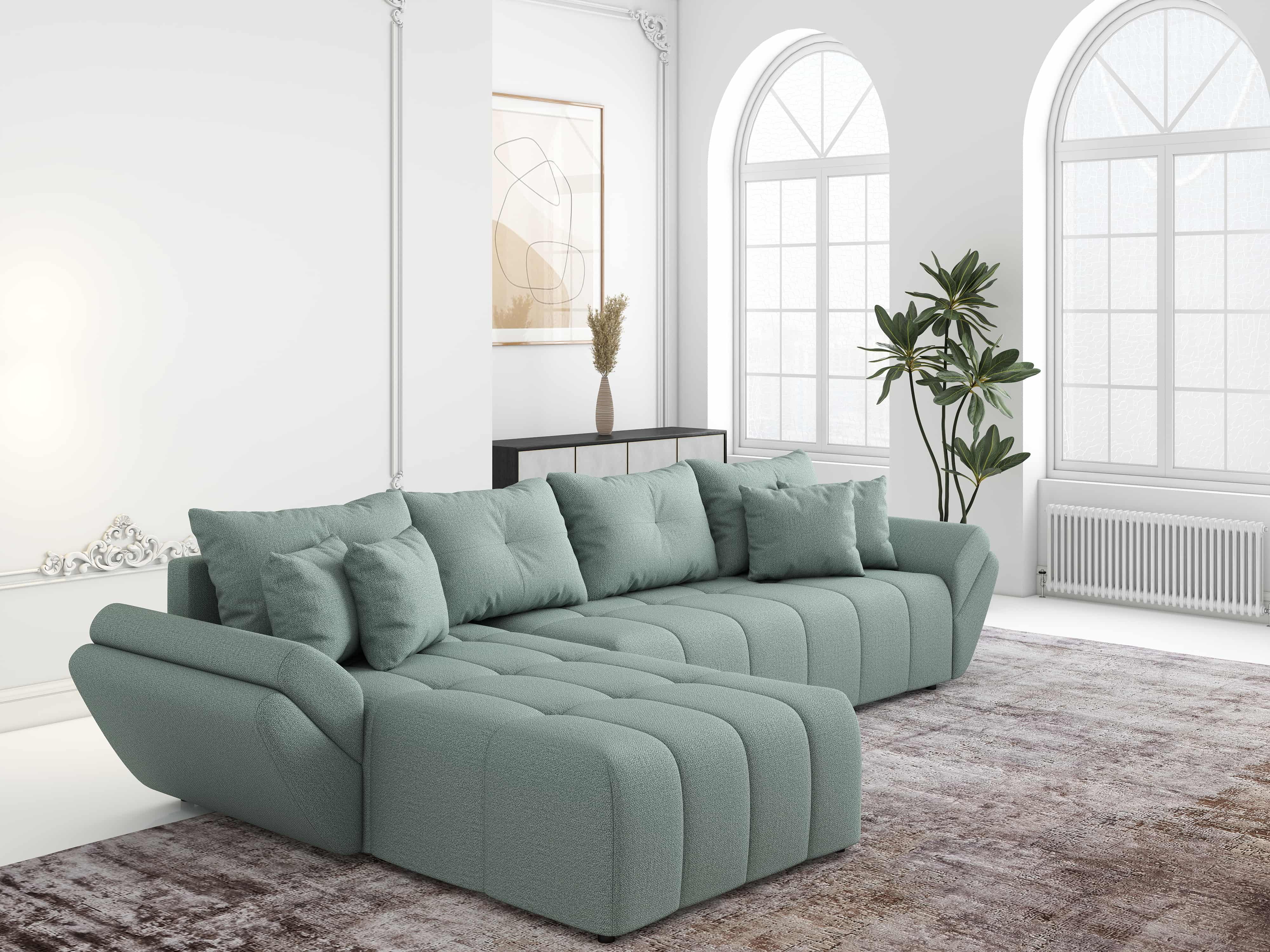Colțar extensibil dumonde cu ladă de depozitare si sezut confortabil din spuma HR, Berlin XL Enjoy Mint 350x185 cm Fabrica