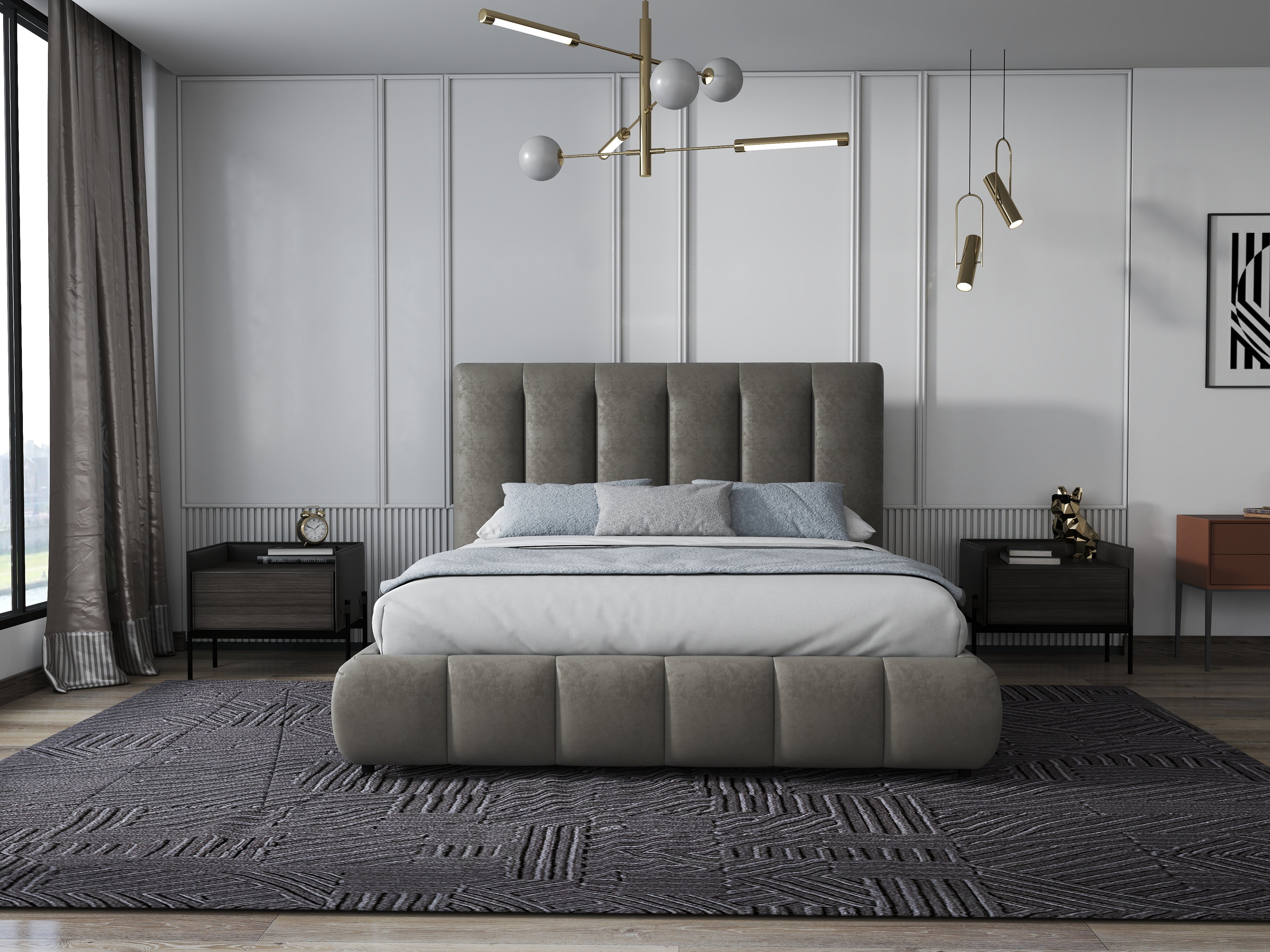 Pat dormitor dumonde, tapitat bej, Divaneo 180x200 cm, somiera rabatabila inclusa, spatiu depozitare WLS