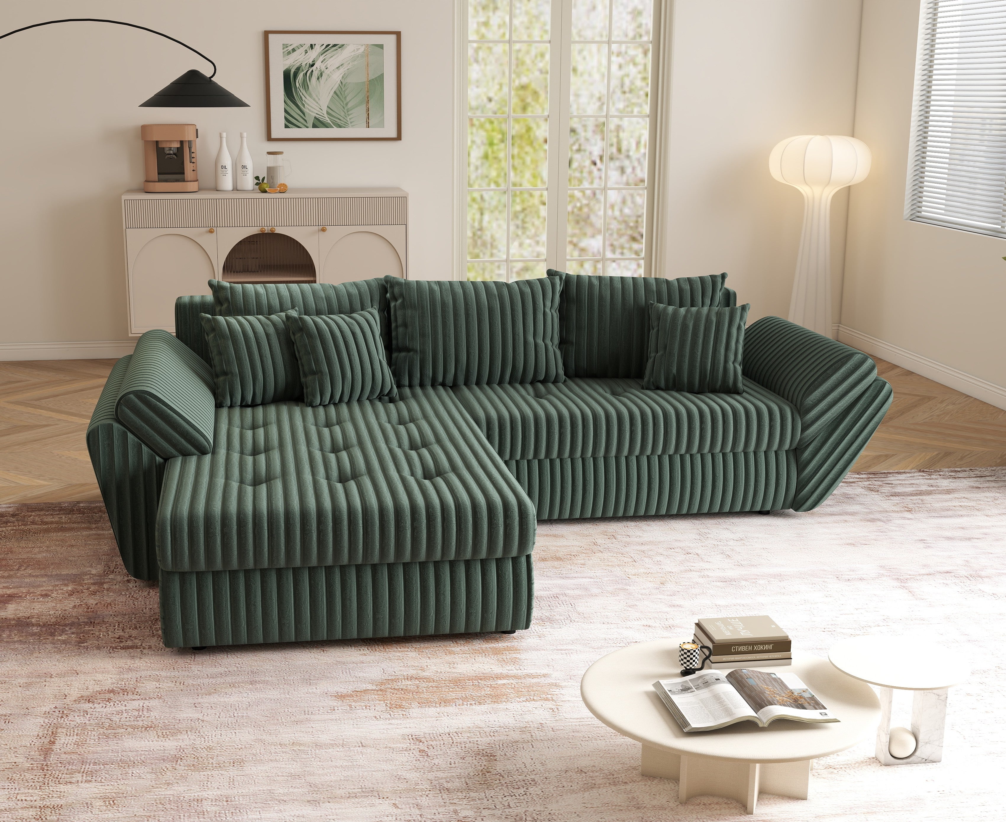 Colțar extensibil dumonde cu ladă de depozitare si sezut confortabil din spuma HR, Loana Ambience Green 270x185 cm Fabrica