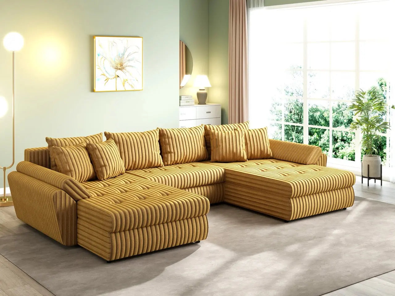 Colțar extensibil dumonde cu ladă de depozitare si sezut confortabil din spuma HR, Loana U Ambience Mustar 355x185 cm Fabrica