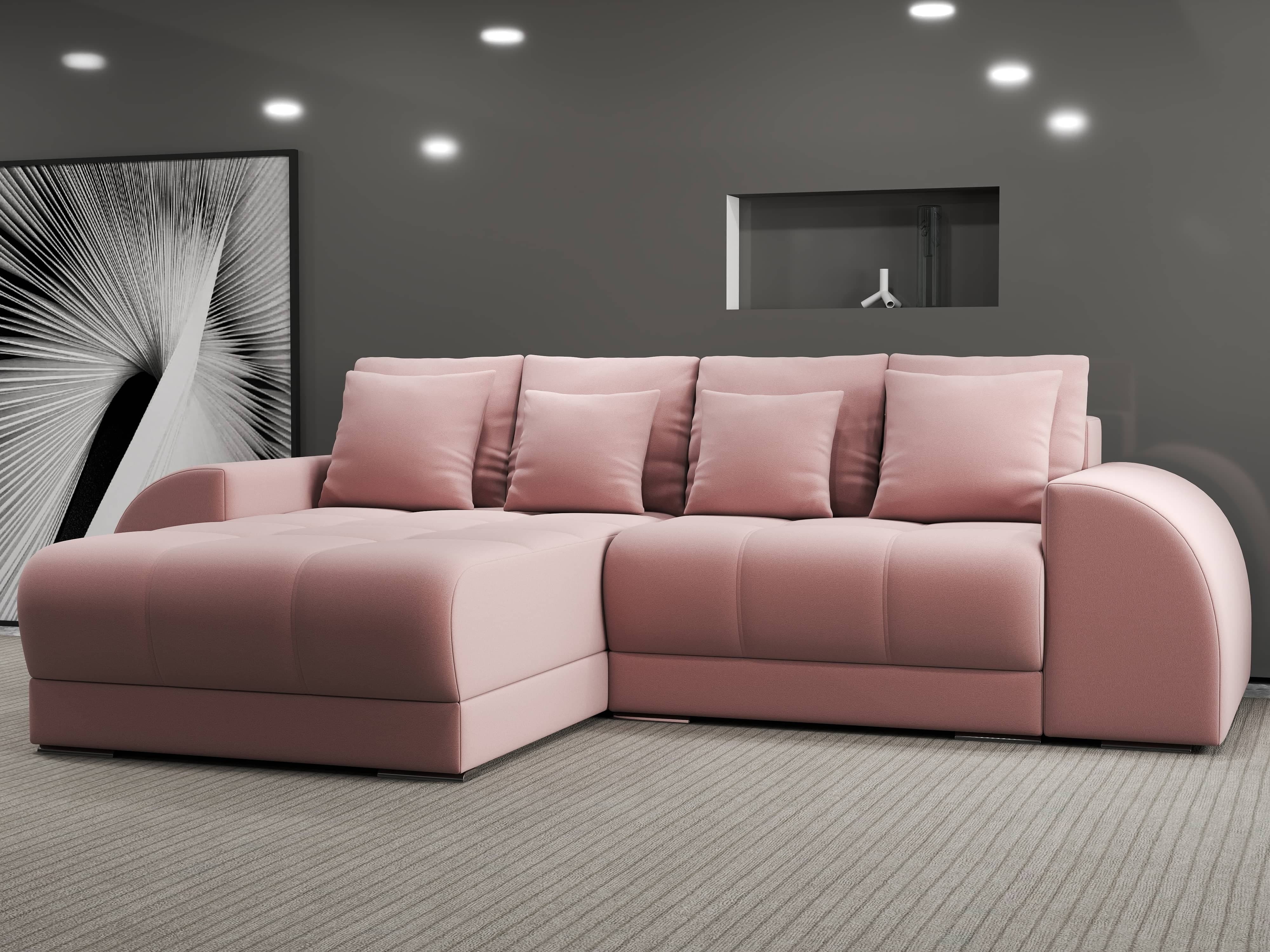 Colțar extensibil dumonde cu ladă de depozitare si sezut confortabil din spuma HR, Verona Royal Roz 290x185 cm Fabrica