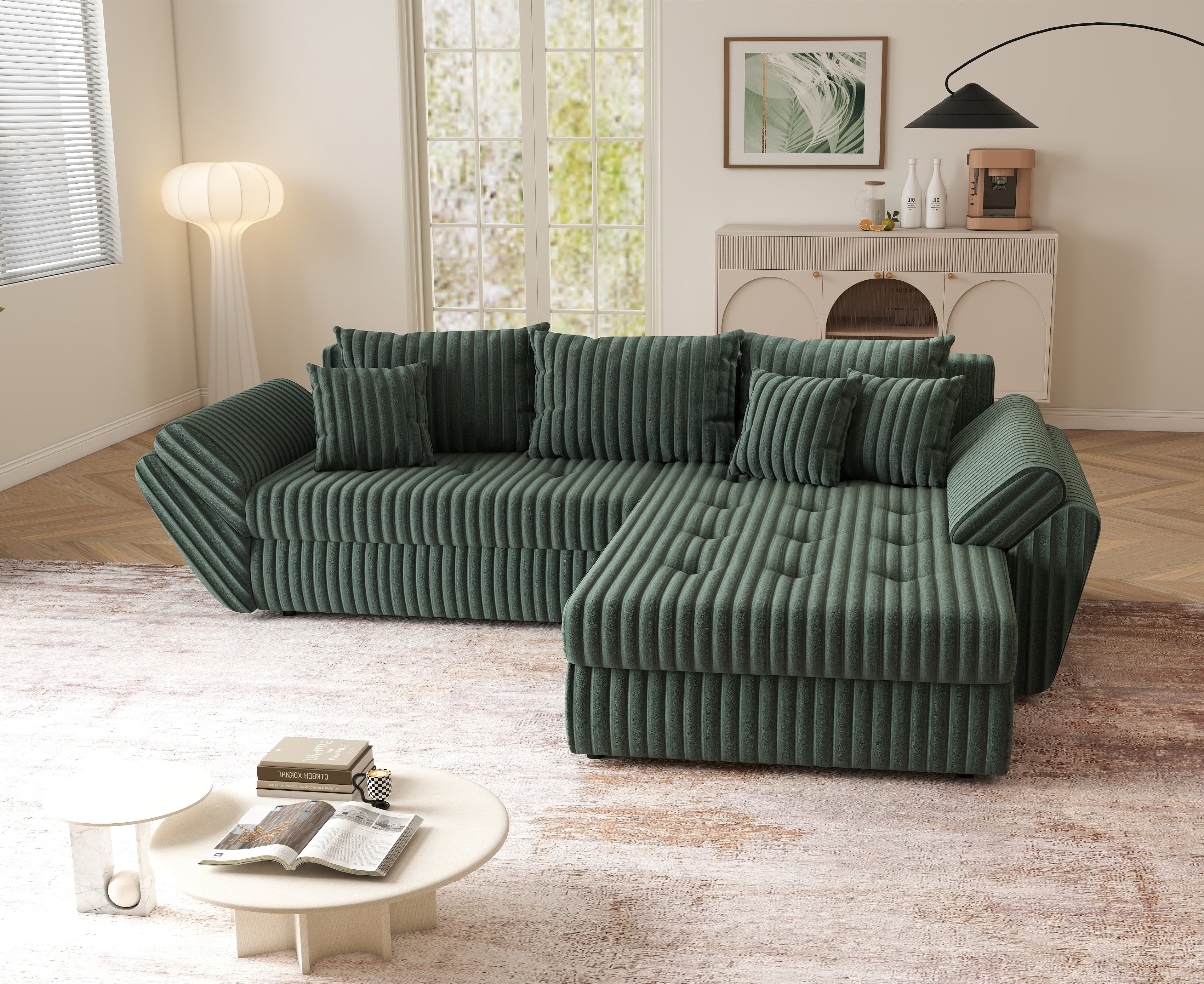 Colțar extensibil dumonde cu ladă de depozitare si sezut confortabil din spuma HR, Loana Ambience Green II 270x185 cm Fabrica