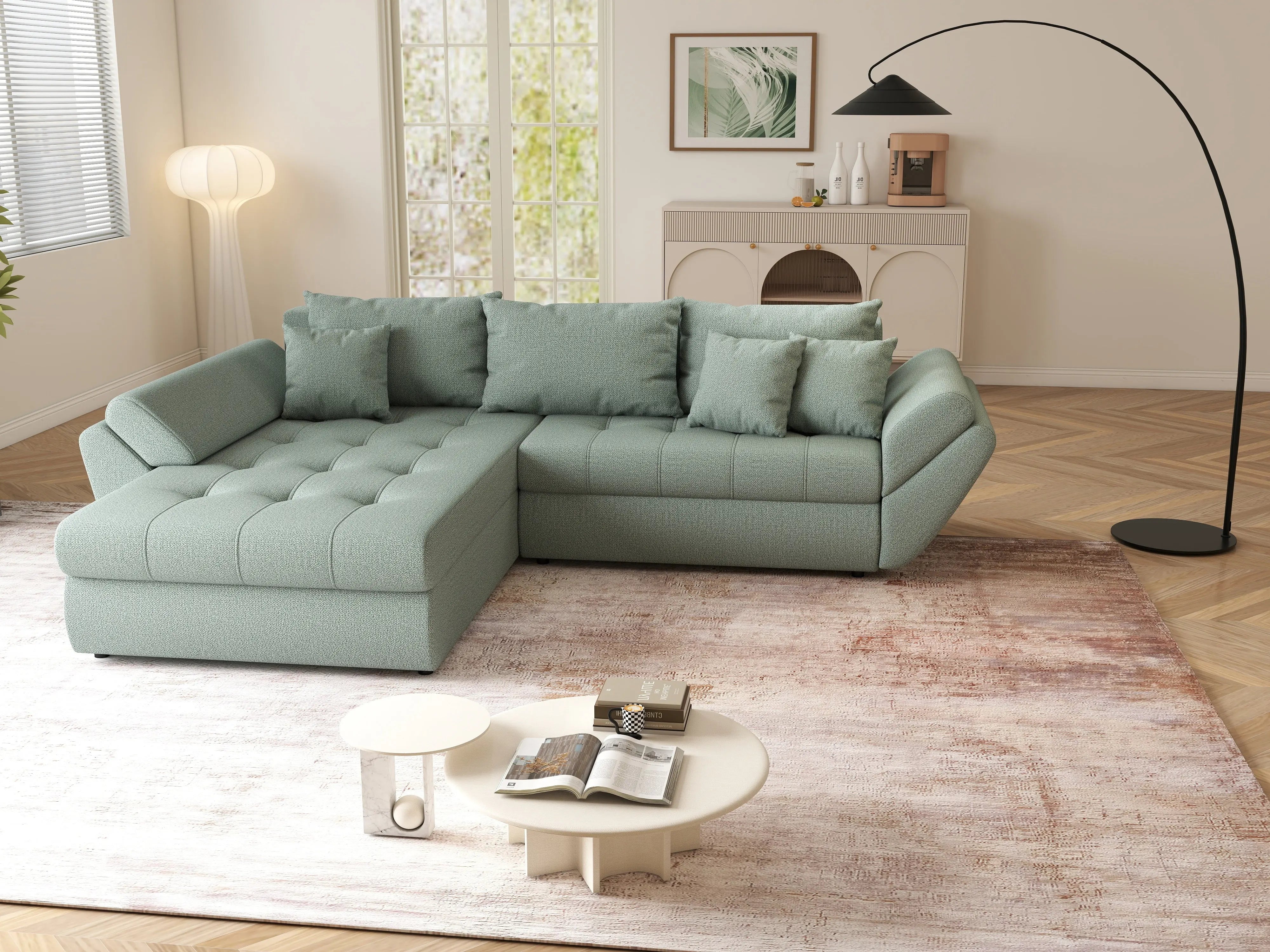 Colțar extensibil dumonde cu ladă de depozitare si sezut confortabil din spuma HR, Loana Mint 270x185 cm Fabrica