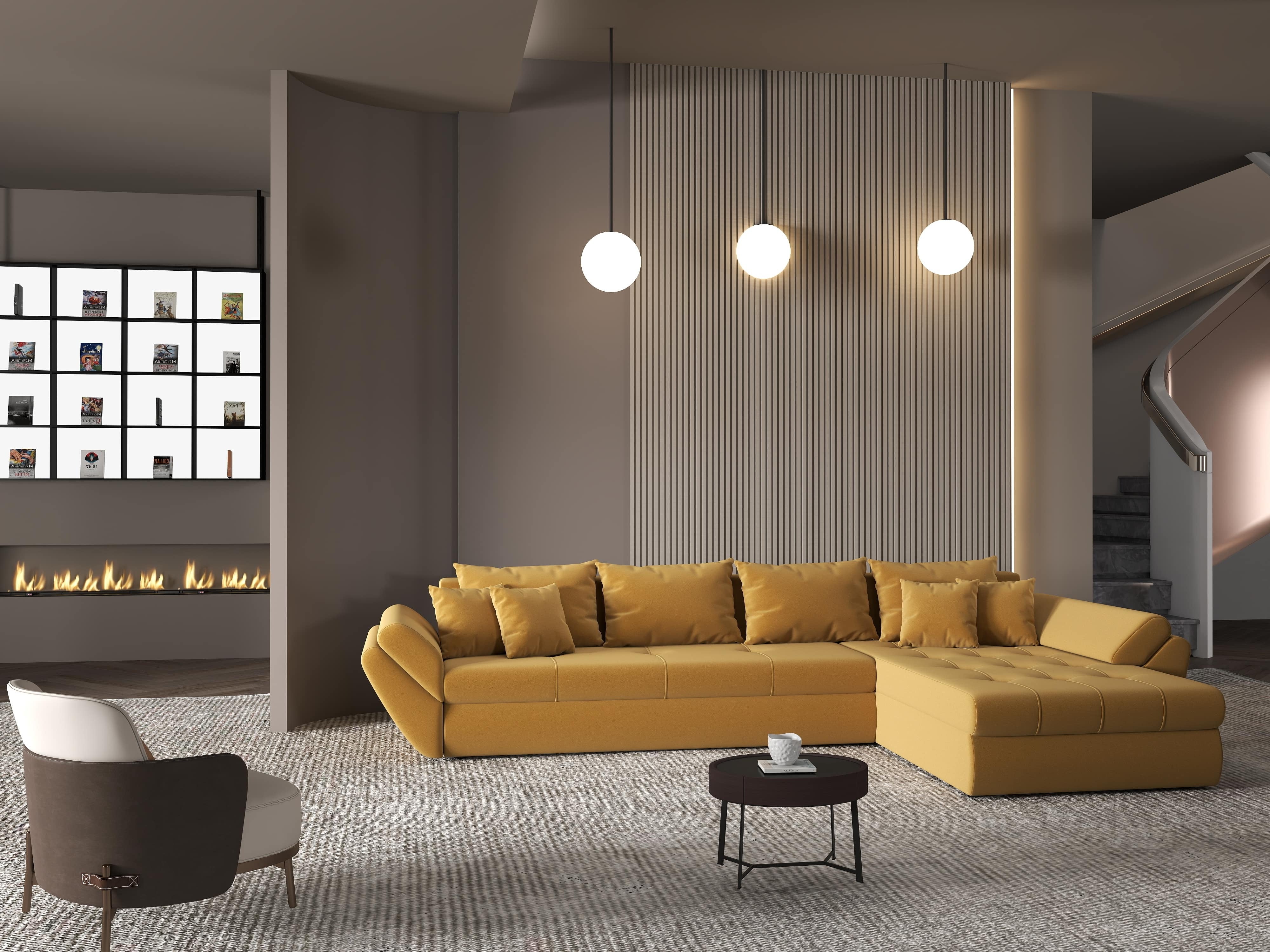 Colțar extensibil dumonde cu ladă de depozitare si sezut confortabil din spuma HR, Loana XL Royal Mustar II 335x185 cm Fabrica