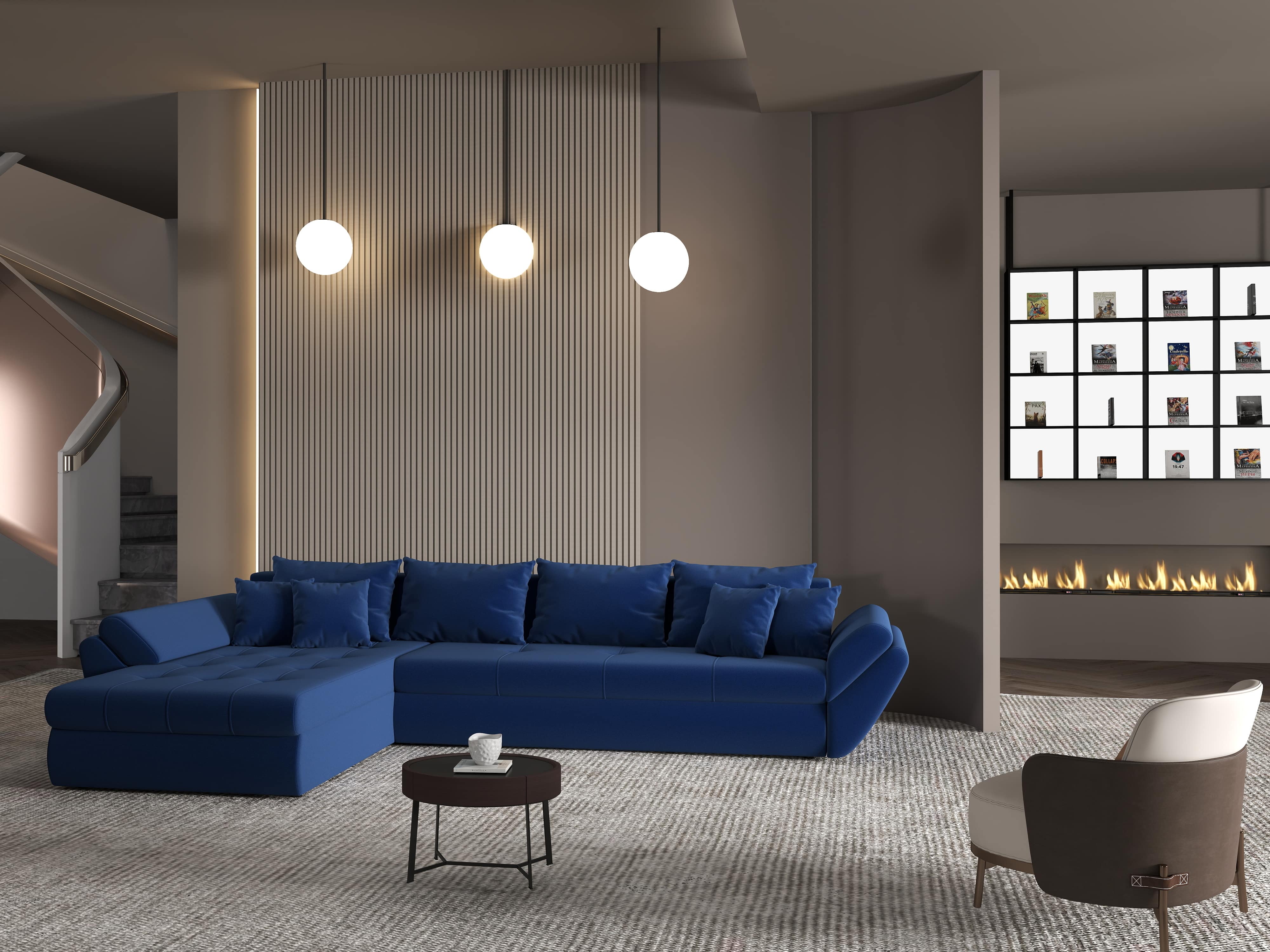 Colțar extensibil dumonde cu ladă de depozitare si sezut confortabil din spuma HR, Loana XL Royal Albastru 335x185 cm Fabrica