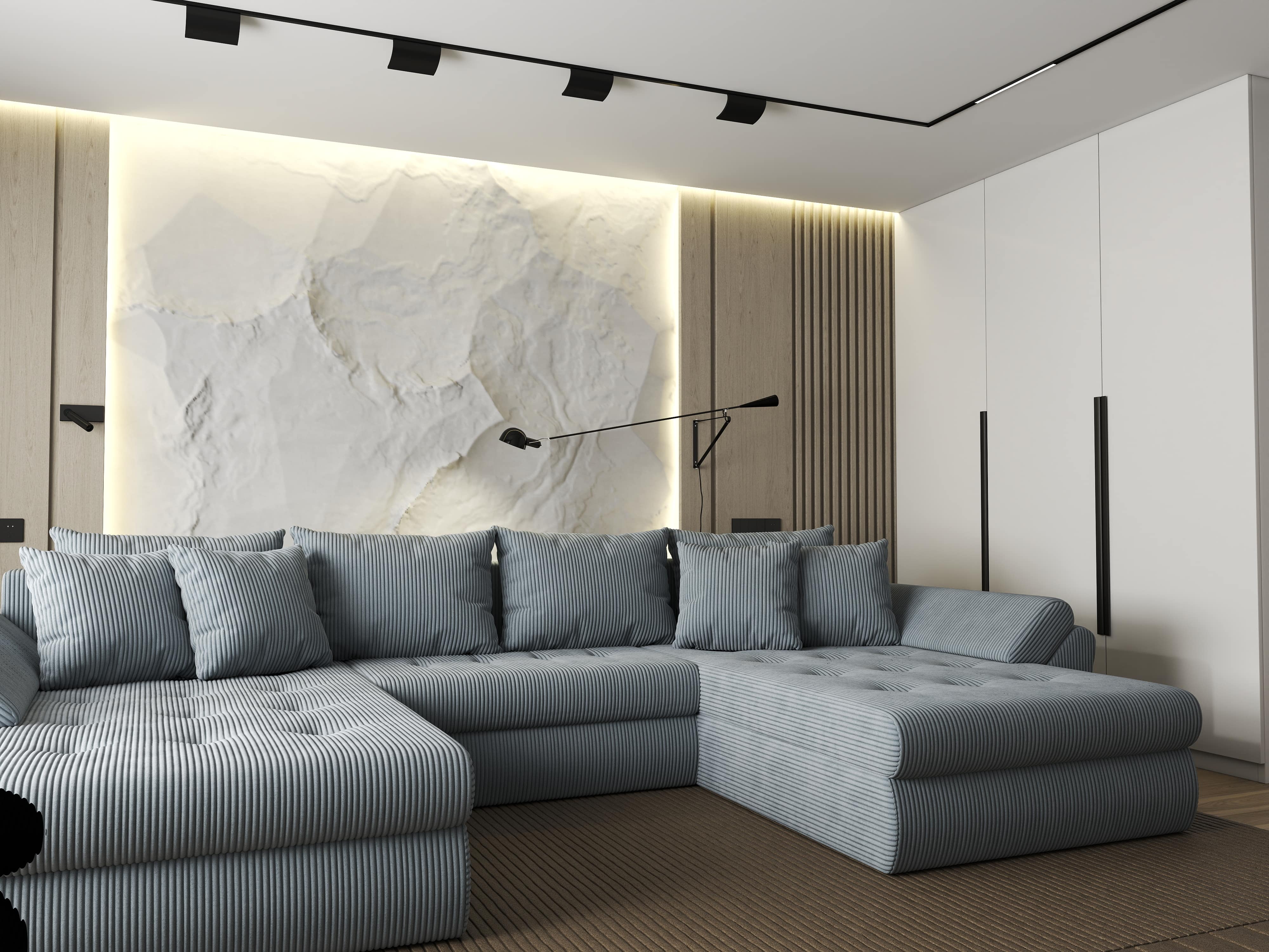 Colțar extensibil dumonde cu ladă de depozitare si sezut confortabil din spuma HR, Loana U Zoom Grey 355x185 cm Fabrica