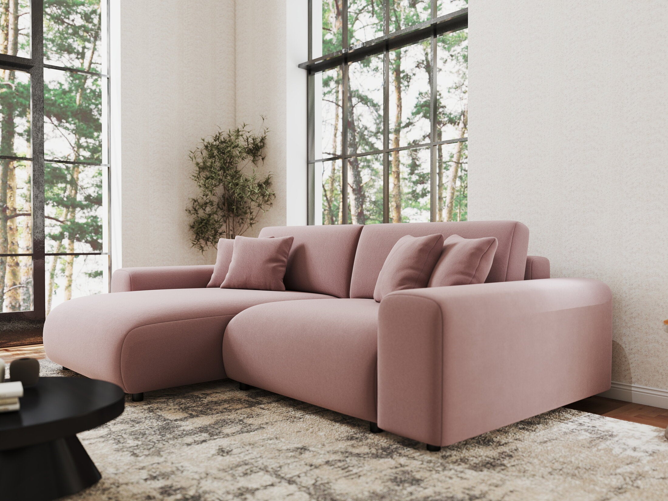 Colțar extensibil dumonde cu ladă de depozitare si sezut confortabil din spuma HR, Sarina Royal Roz 255x168 cm