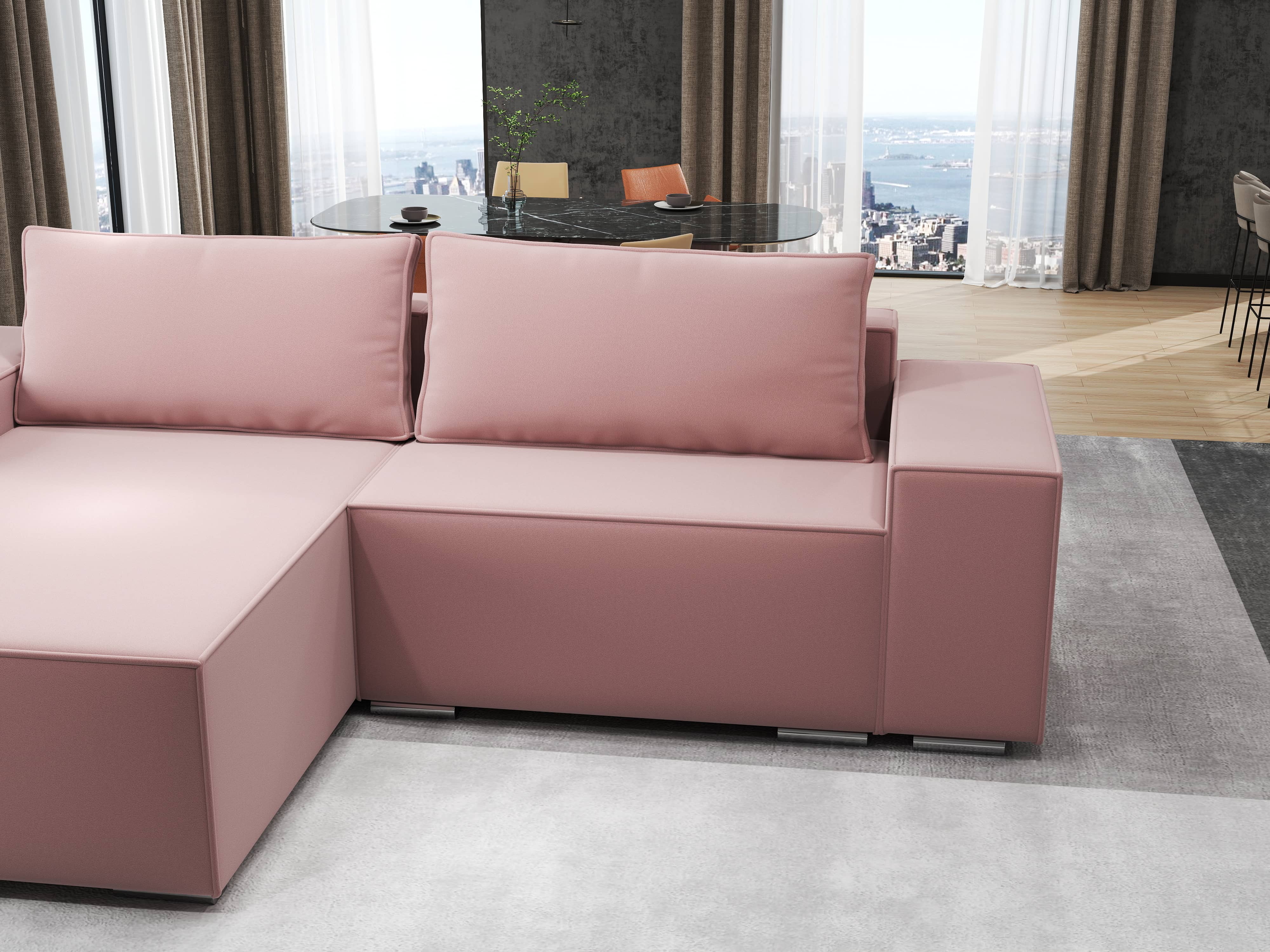 Colțar extensibil dumonde cu ladă de depozitare si sezut confortabil din spuma HR, Dream Royal Roz 290x185 cm Fabrica