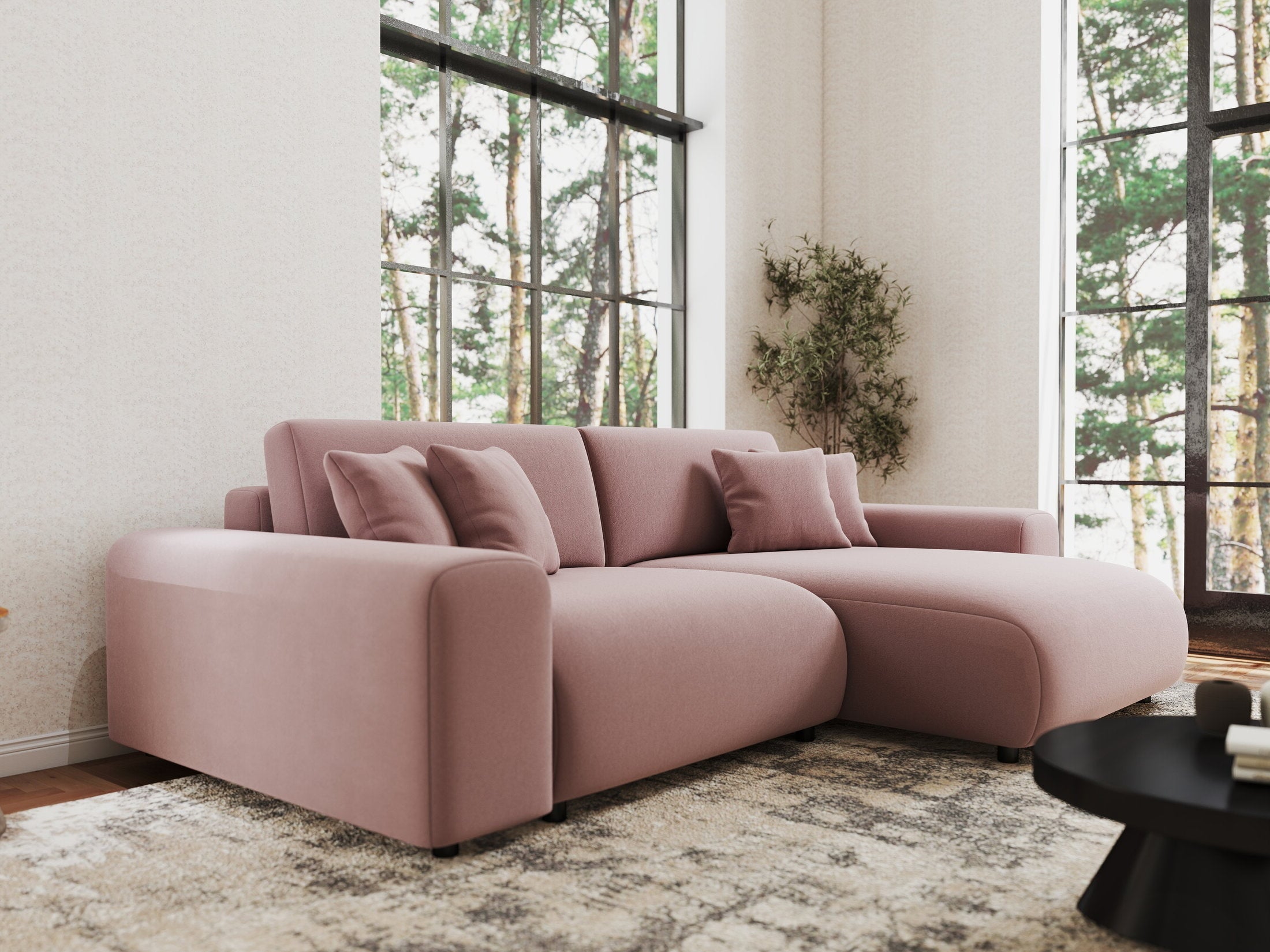 Colțar extensibil dumonde cu ladă de depozitare si sezut confortabil din spuma HR, Sarina Royal Roz 255x168 cm II