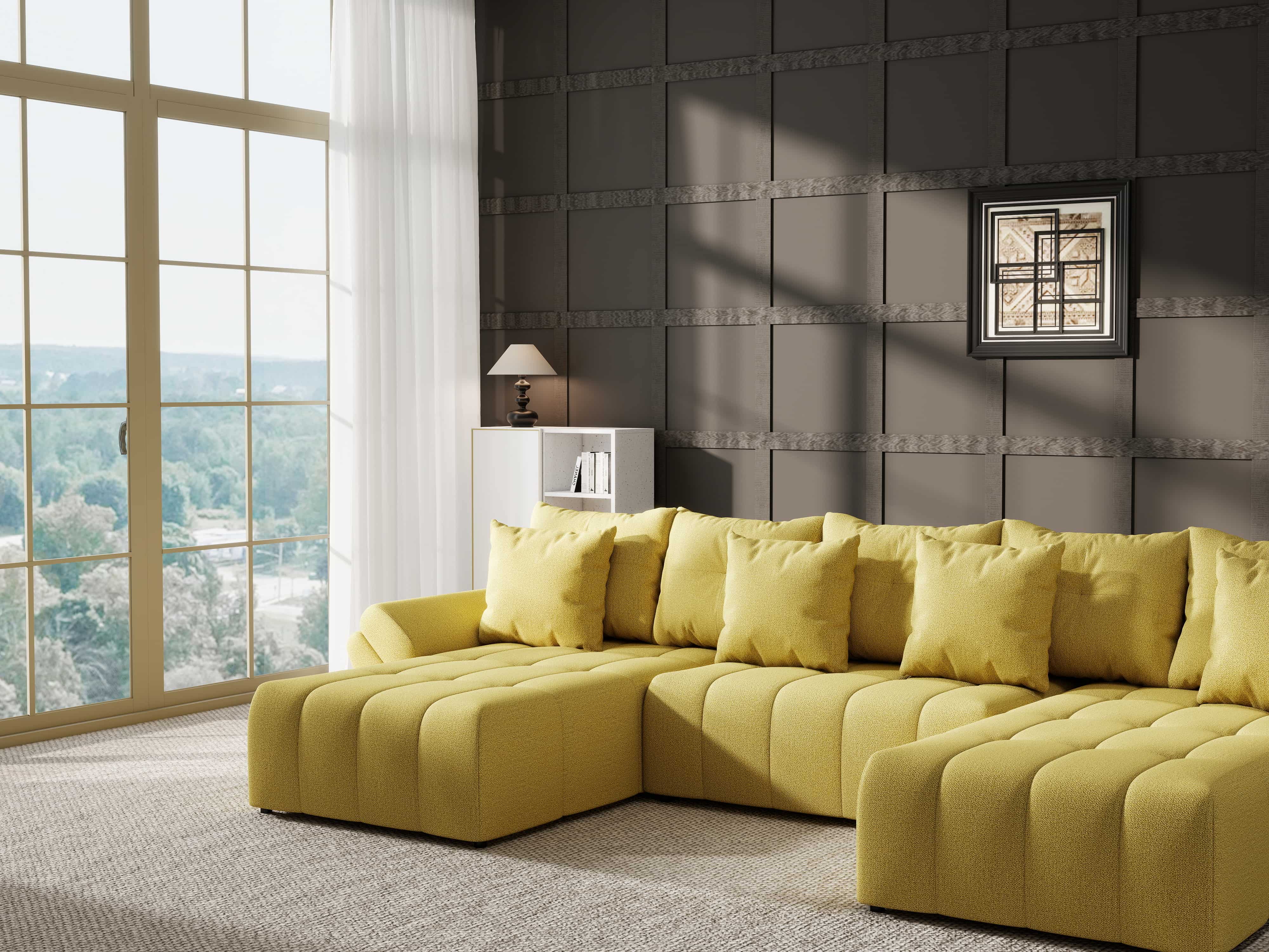 Colțar extensibil dumonde cu ladă de depozitare si sezut confortabil din spuma HR, Berlin U Enjoy Melon 380x180 cm Fabrica