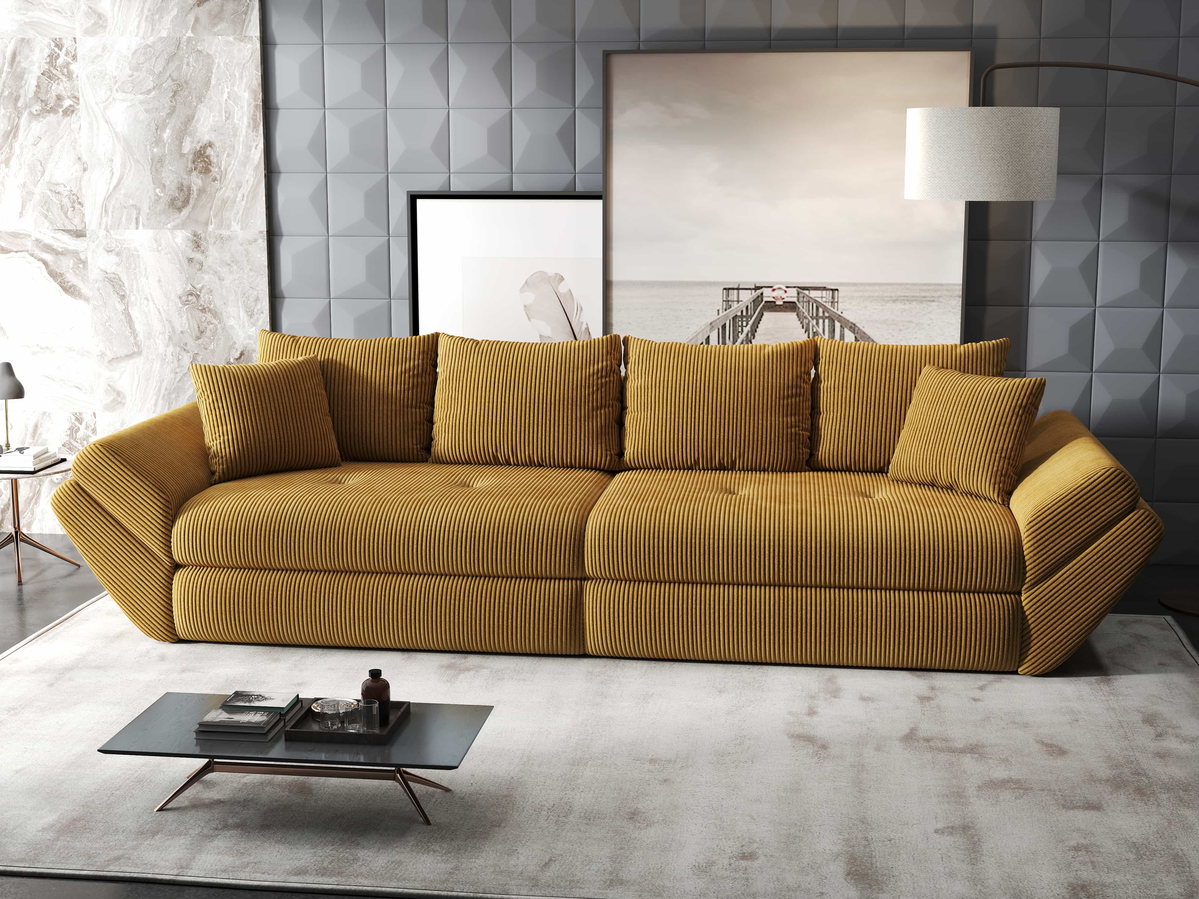 Canapea extensibilă dumonde cu ladă de depozitare si sezut confortabil din spuma HR, Loana Zoom Mustar 300x100 cm Fabrica