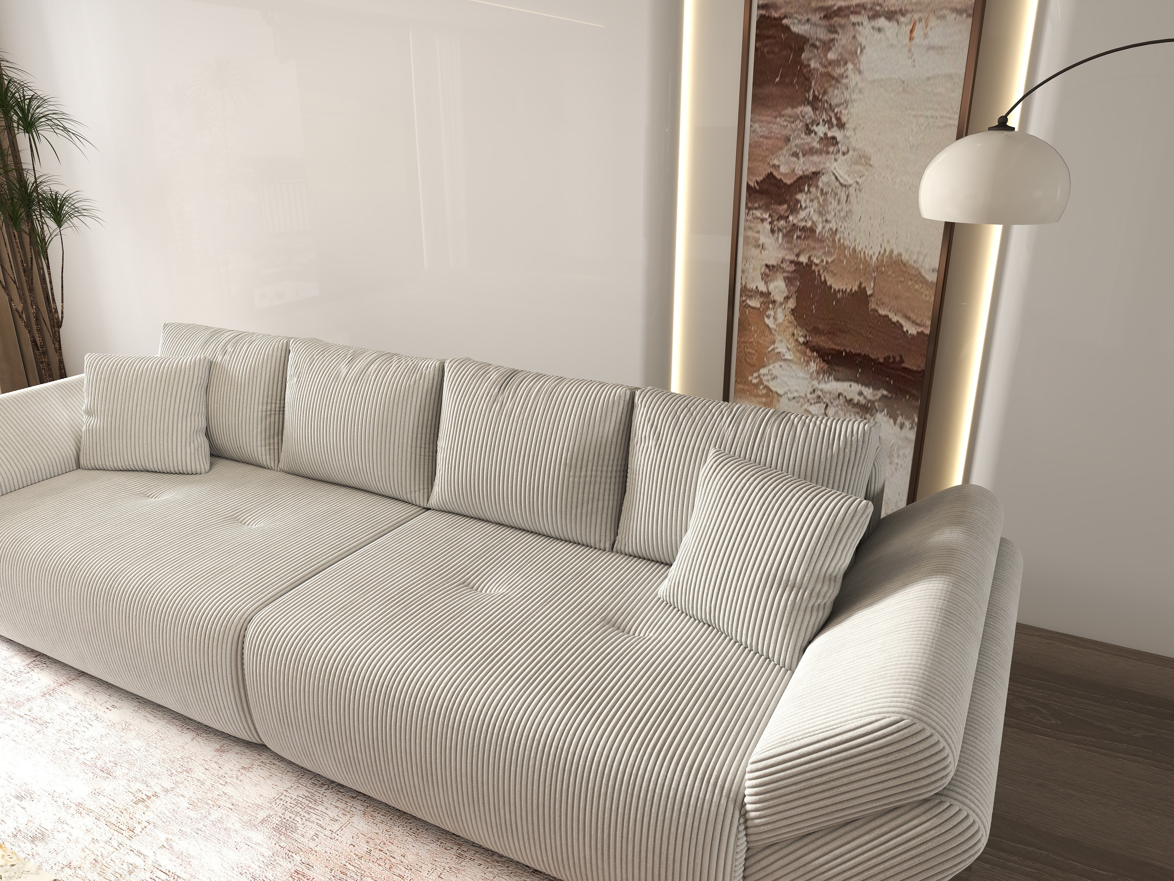 Canapea extensibilă dumonde cu ladă de depozitare si sezut confortabil din spuma HR, Berlin Zoom Cream 300x100 cm Fabrica