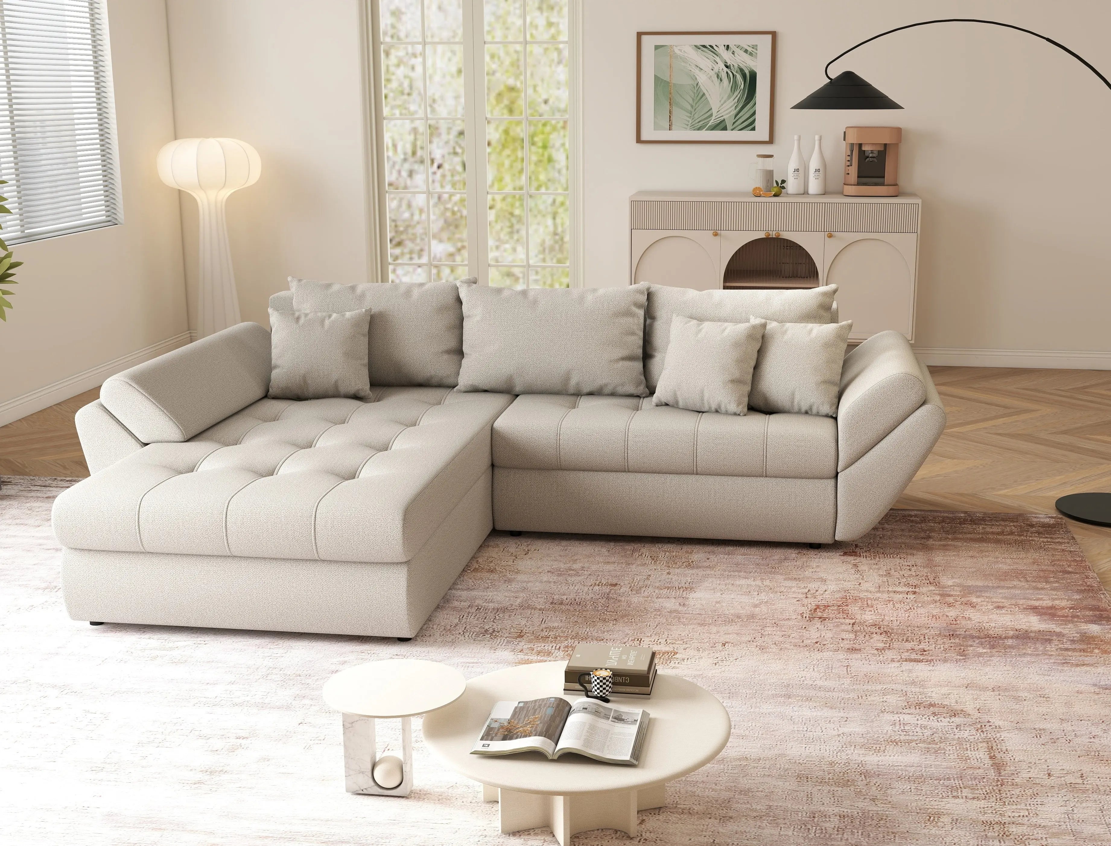 Colțar extensibil dumonde cu ladă de depozitare si sezut confortabil din spuma HR, Loana Bej 270x185 cm Fabrica