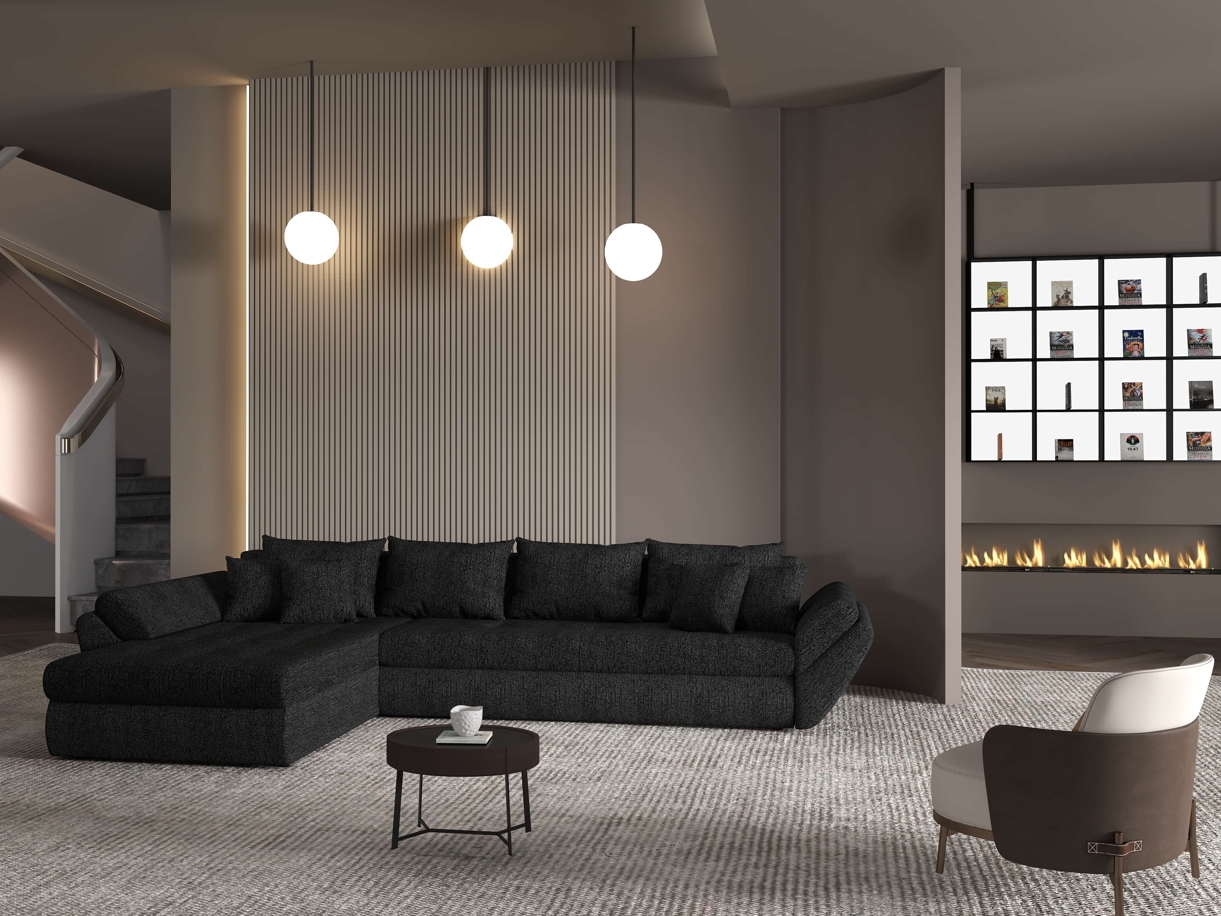 Colțar extensibil dumonde cu ladă de depozitare si sezut confortabil din spuma HR, Loana XL Enjoy Negru 335x185 cm Fabrica