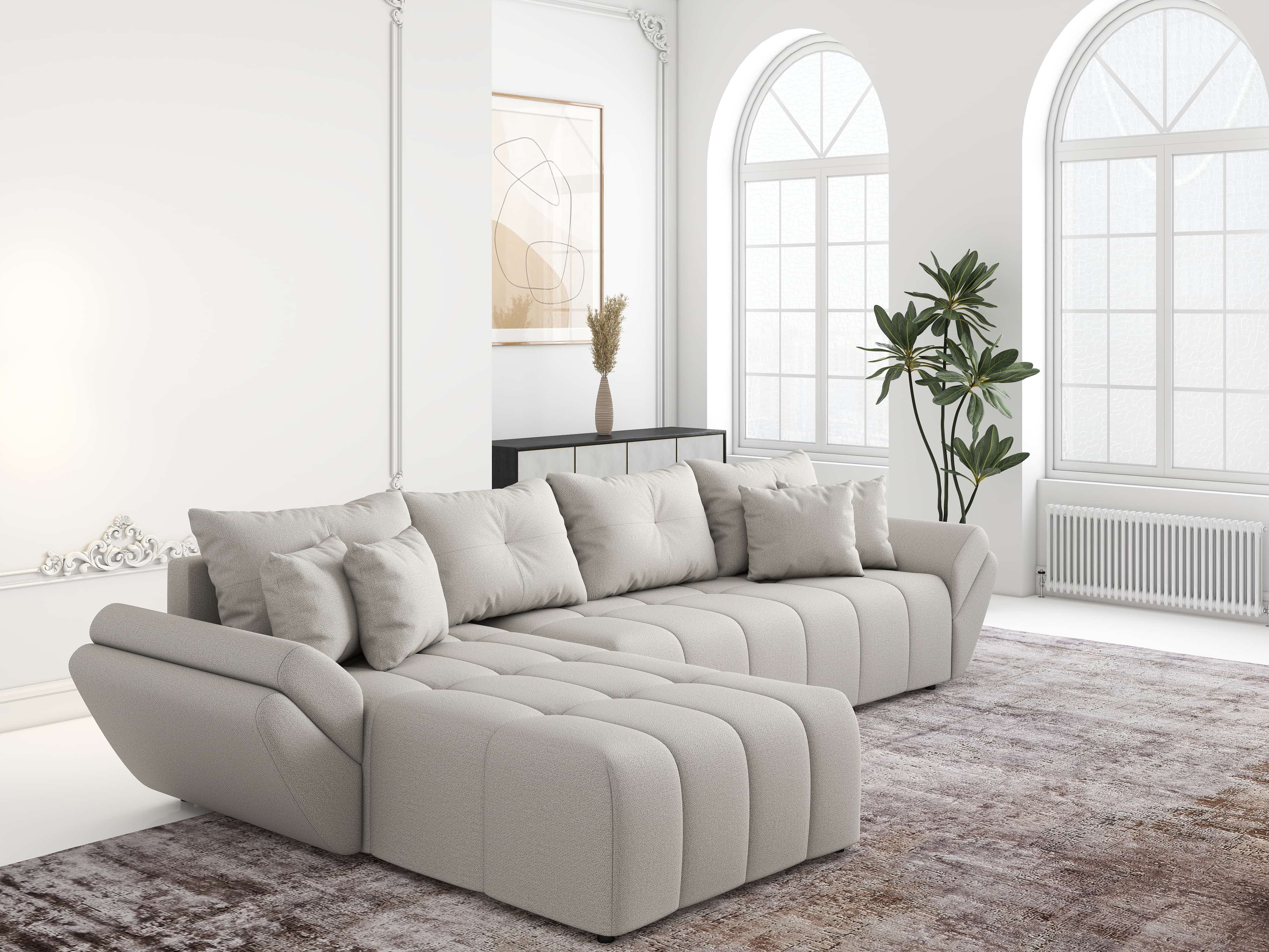 Colțar extensibil dumonde cu ladă de depozitare si sezut confortabil din spuma HR, Berlin XL Enjoy Beige 350x185 cm Fabrica