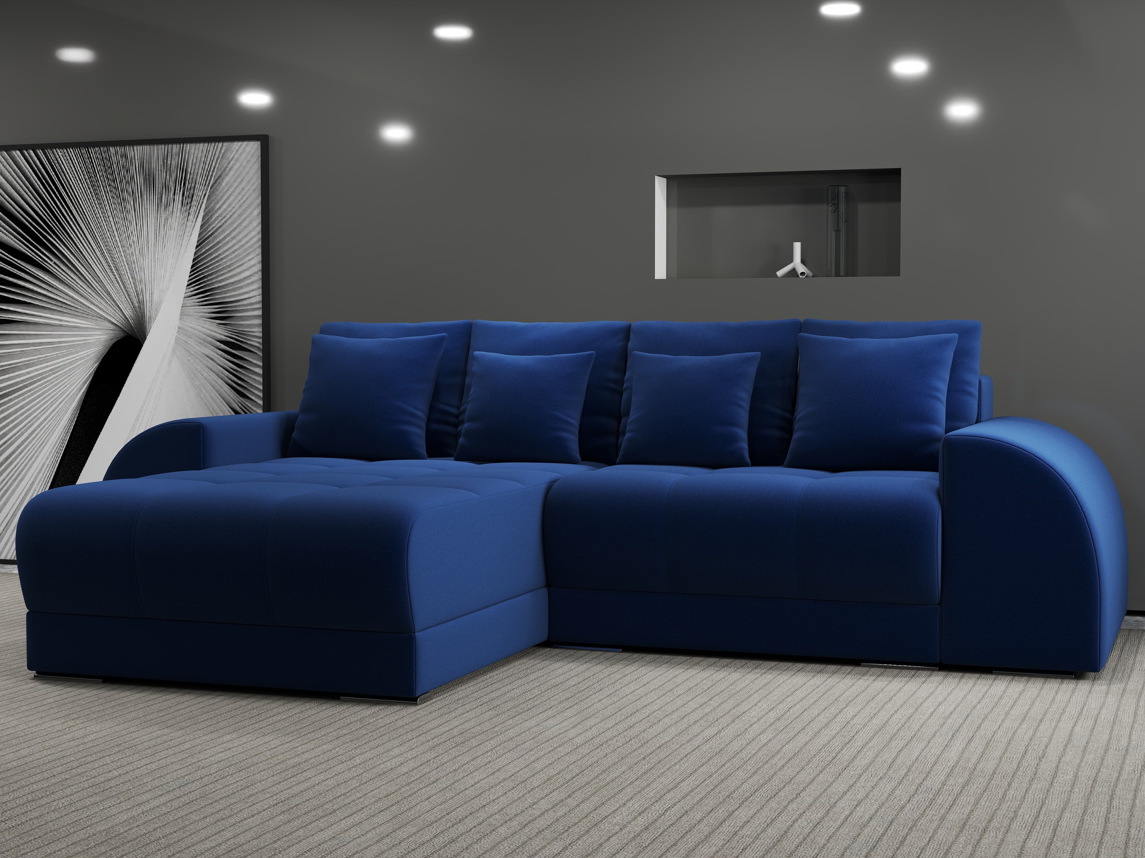 Colțar extensibil dumonde cu ladă de depozitare si sezut confortabil din spuma HR, Verona Royal Albastru 290x185 cm Fabrica